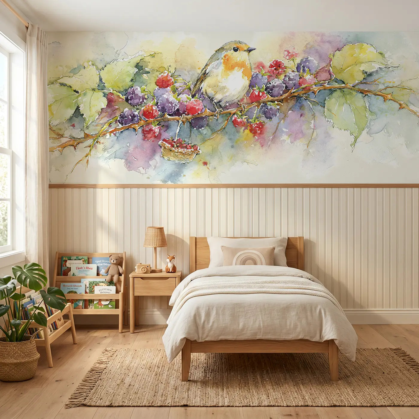 Watercolor bramble arch berry picking wainscoting wallpaper for bedroom by Whimsy Tots