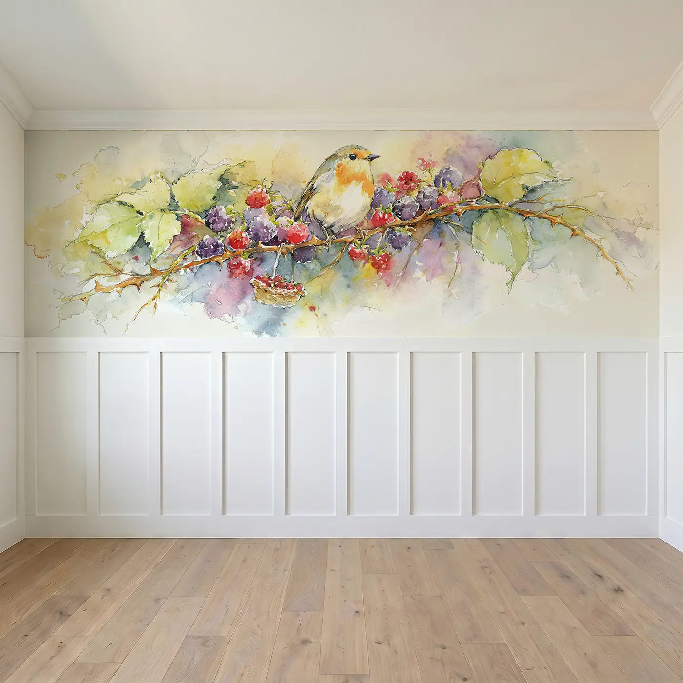 Full panel view of Bramble Arch Berry Picking Wainscoting Wallpaper by Whimsy Tots