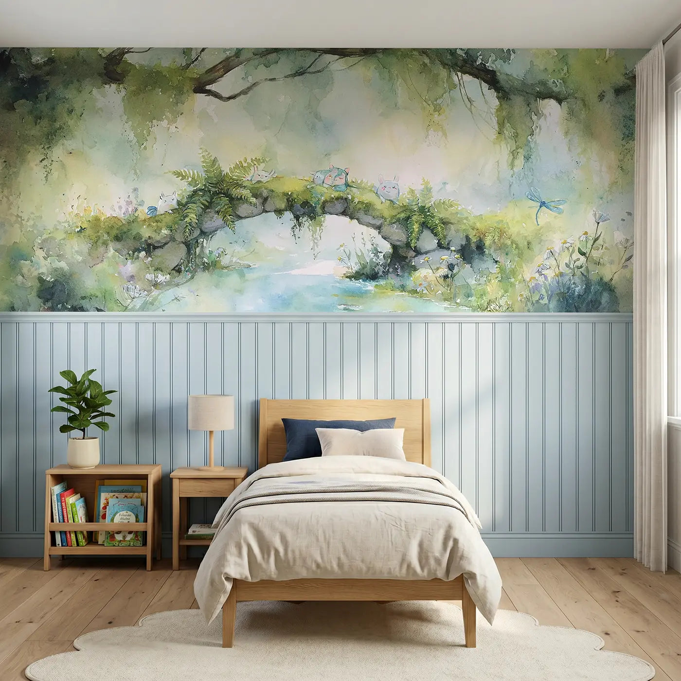 Watercolor stream bridge moss garden wainscoting wallpaper for nursery by Whimsy Tots