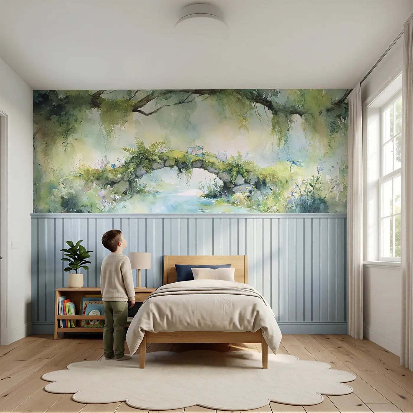 Child reading near Stream Bridge Moss Garden Wainscoting Wallpaper by Whimsy Tots