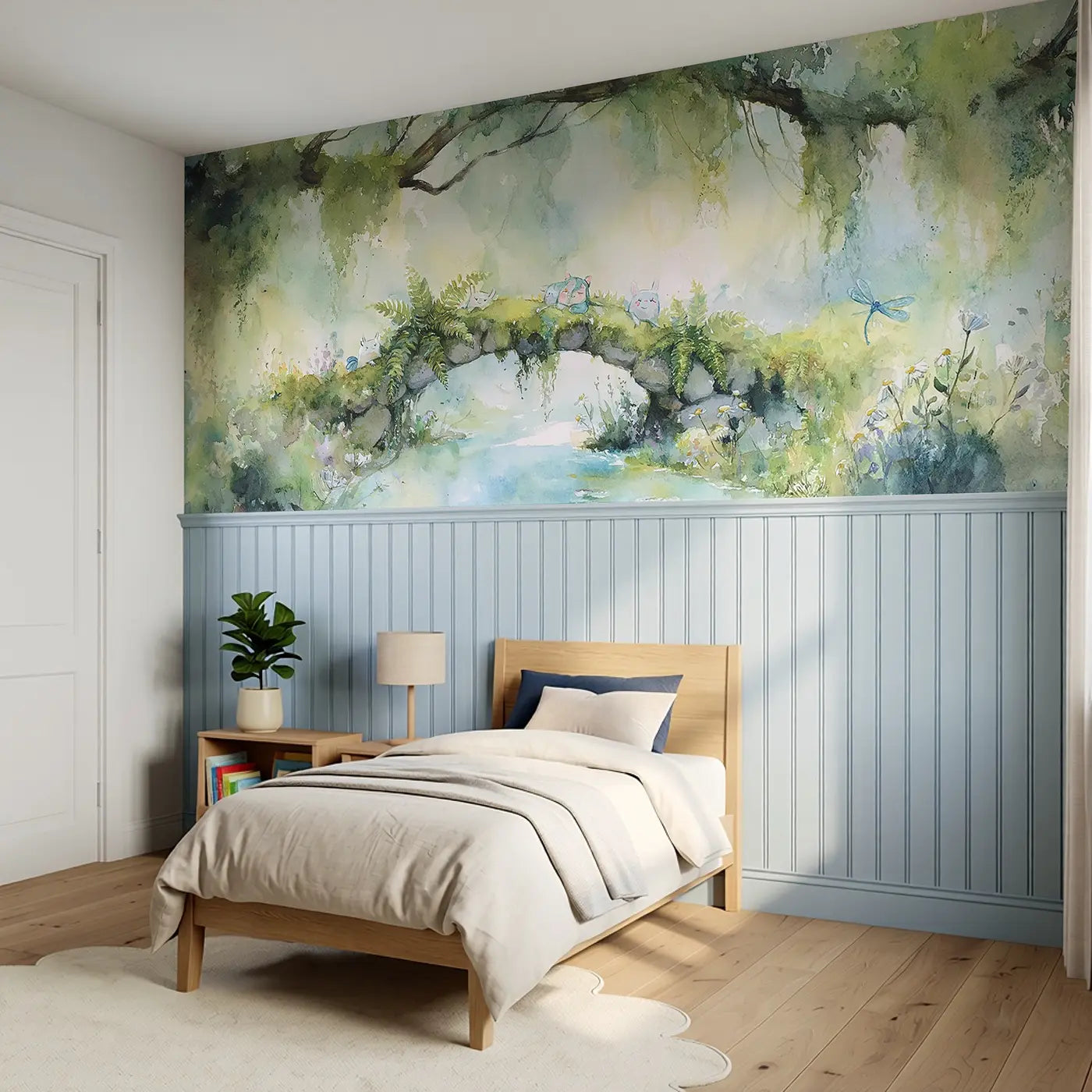 Stream Bridge Moss Garden Wainscoting Wallpaper styled in a kids bedroom by Whimsy Tots