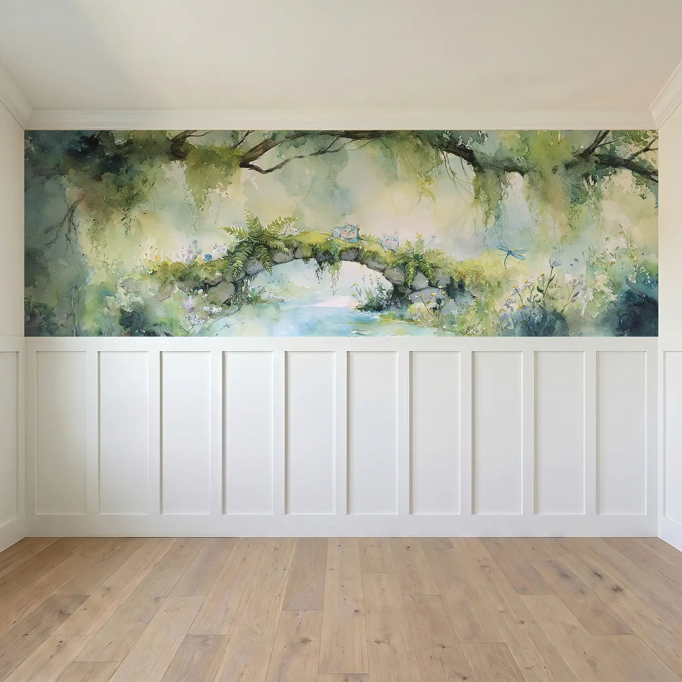 Full panel view of Stream Bridge Moss Garden Wainscoting Wallpaper by Whimsy Tots