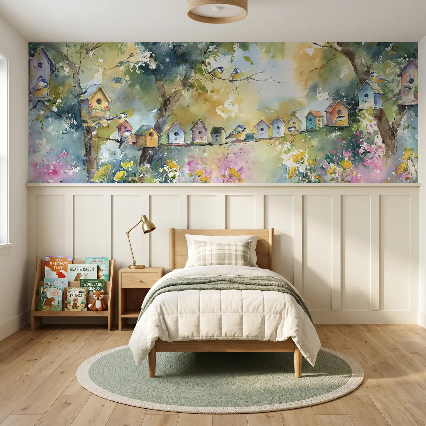 Watercolor birdhouse lane forest path wainscoting wallpaper for nursery by Whimsy Tots