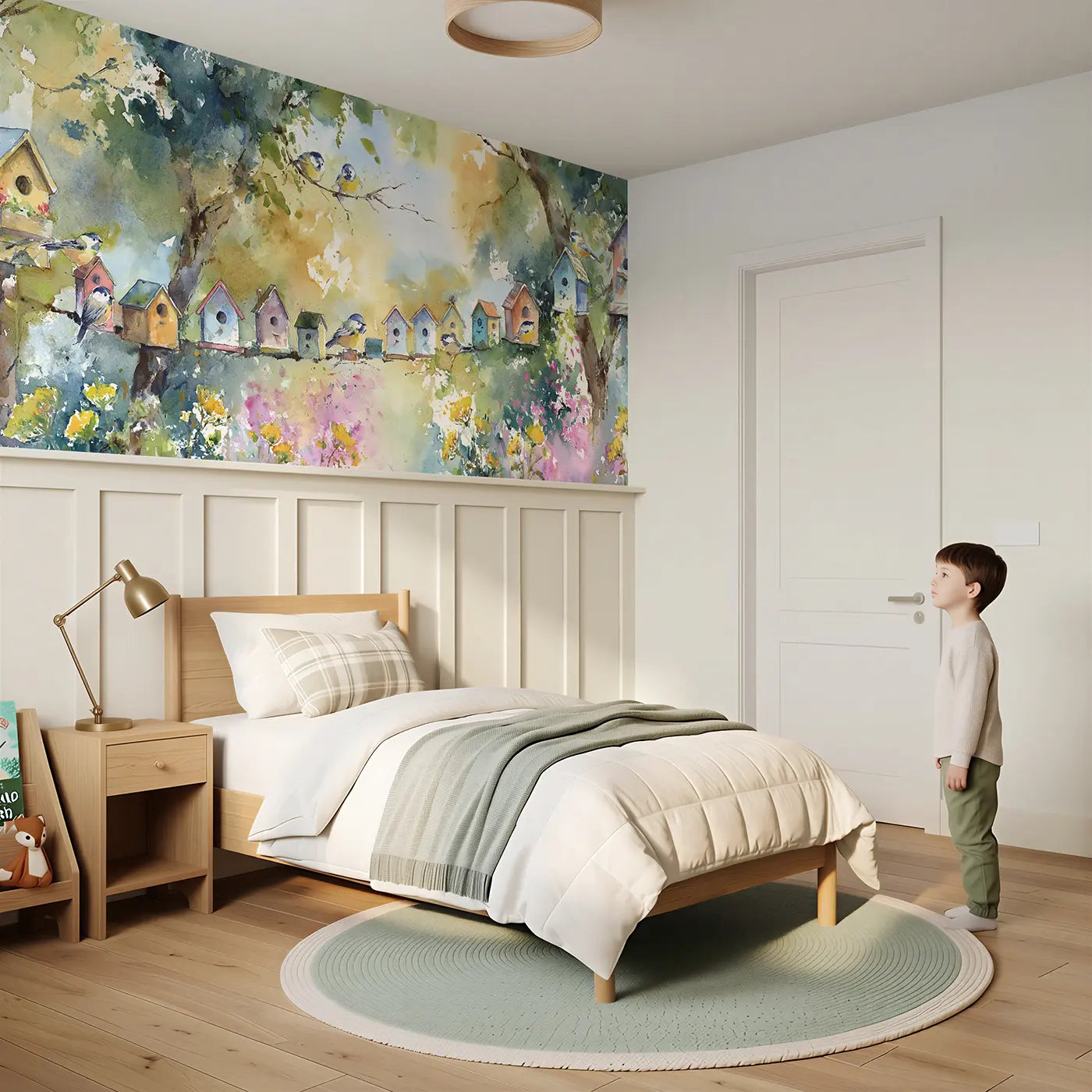 Child reading near Birdhouse Lane Forest Path Wainscoting Wallpaper by Whimsy Tots