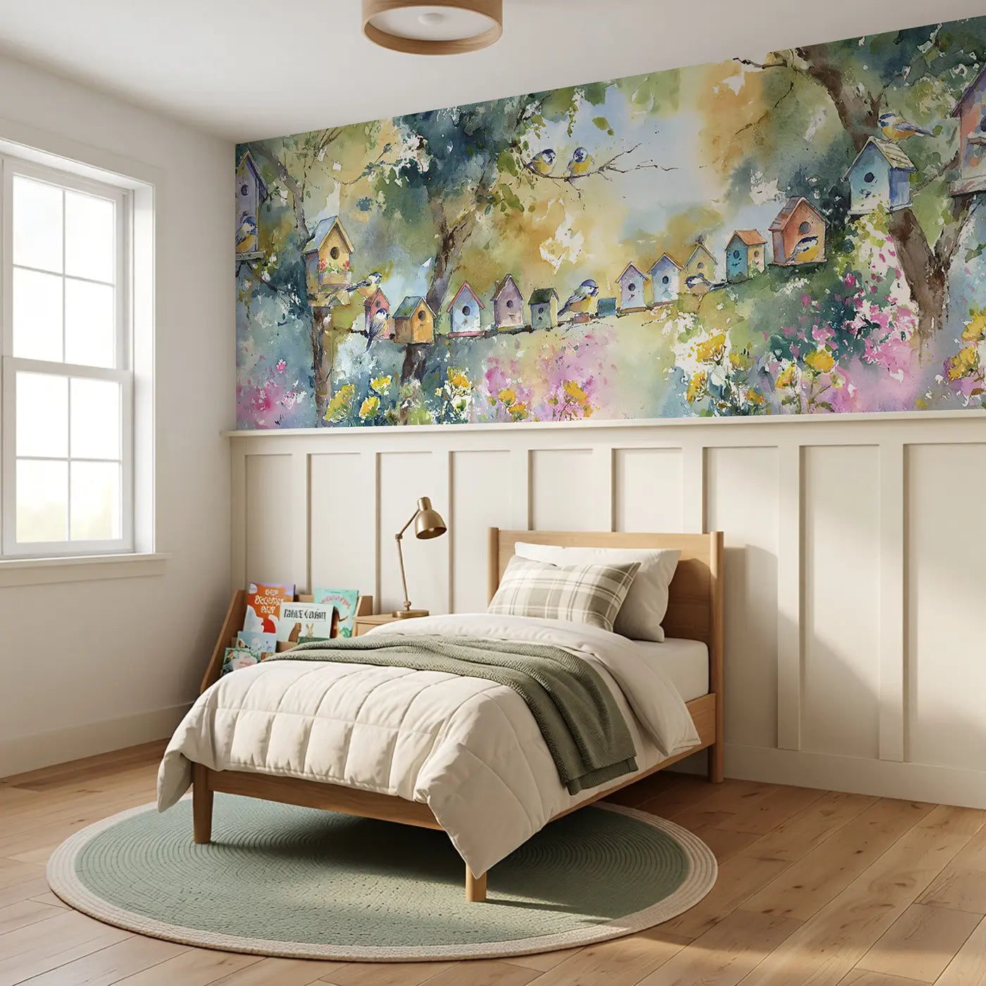 Birdhouse Lane Forest Path Wainscoting Wallpaper styled in a kids bedroom by Whimsy Tots