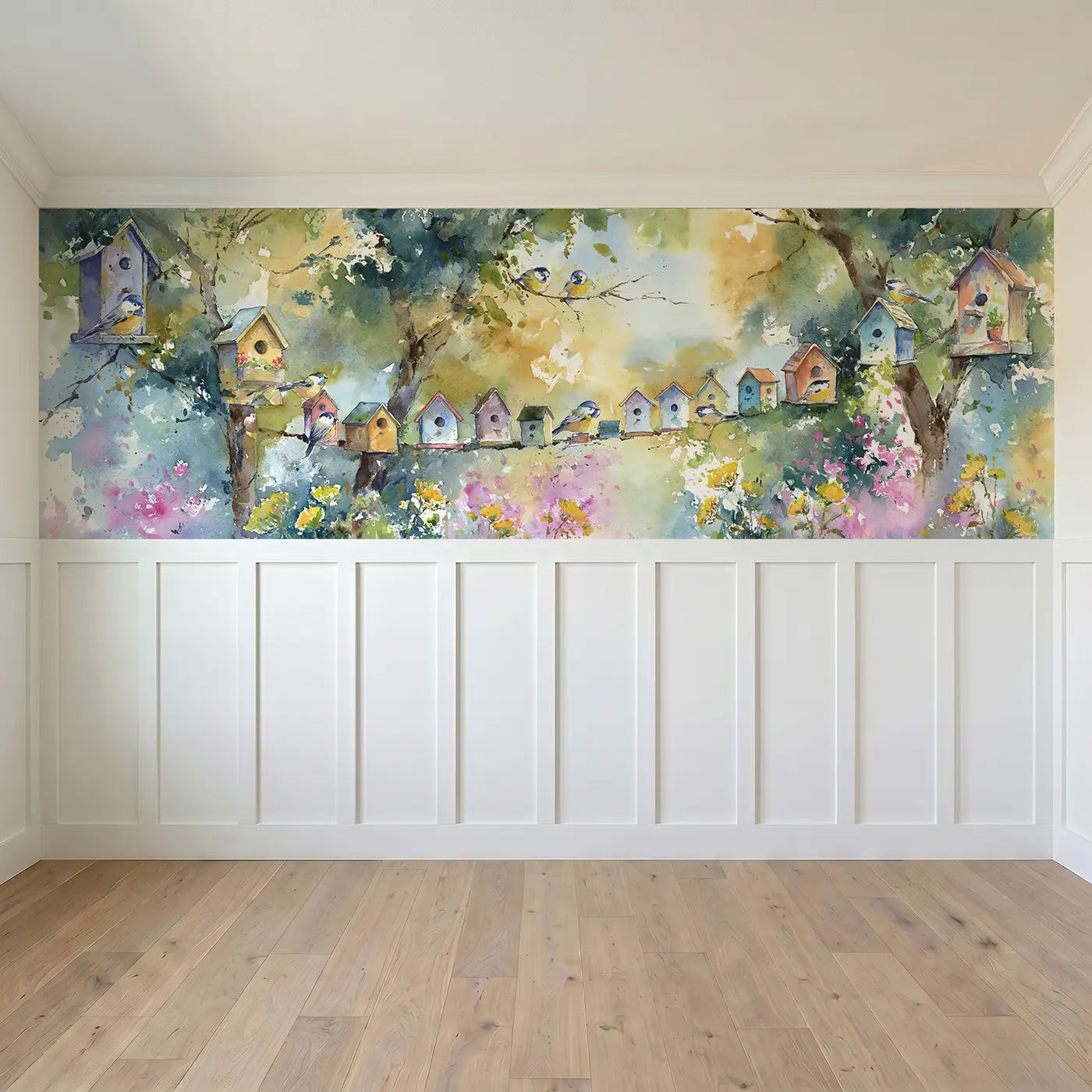 Full panel view of Birdhouse Lane Forest Path Wainscoting Wallpaper by Whimsy Tots