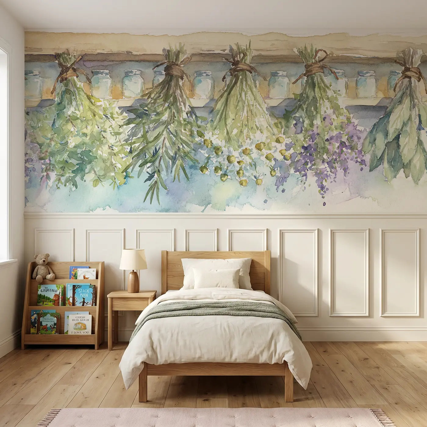 Watercolor apothecary garden herbs wainscoting wallpaper for bedroom by Whimsy Tots