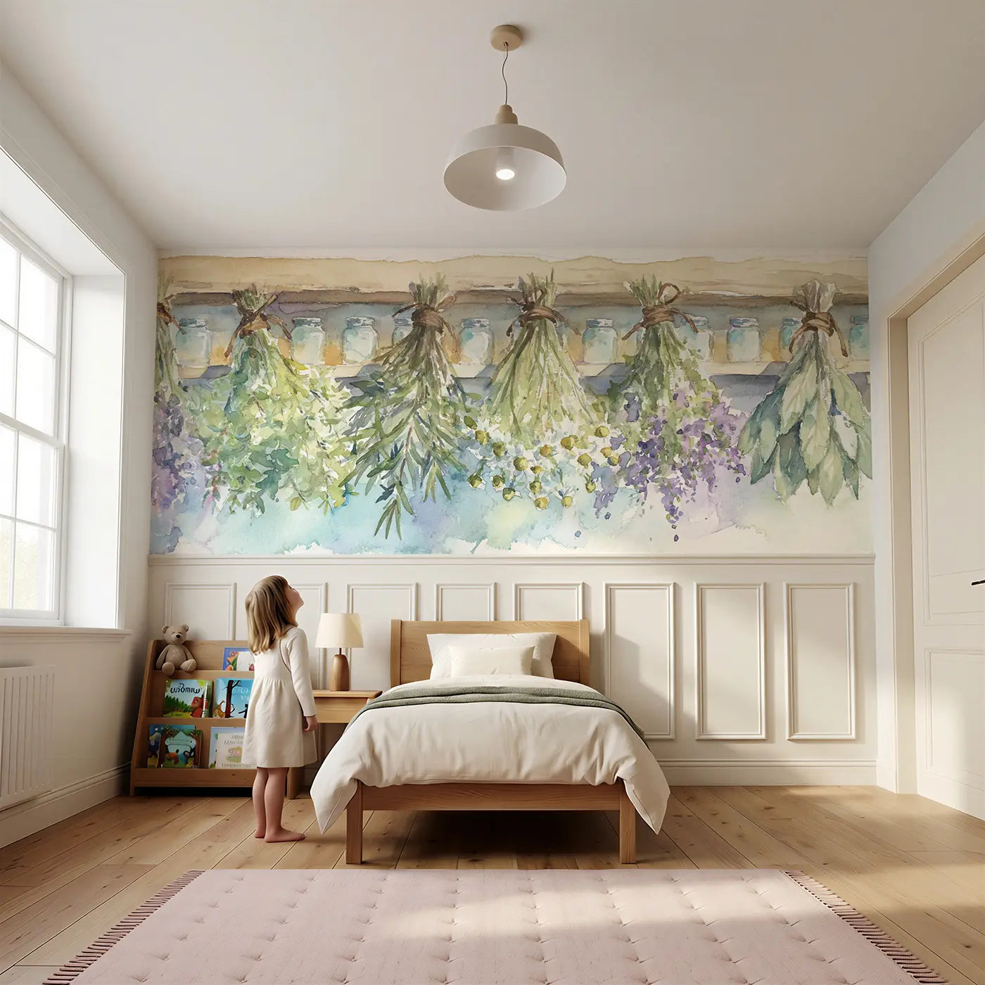 Child reading near Apothecary Garden Herbs Wainscoting Wallpaper by Whimsy Tots