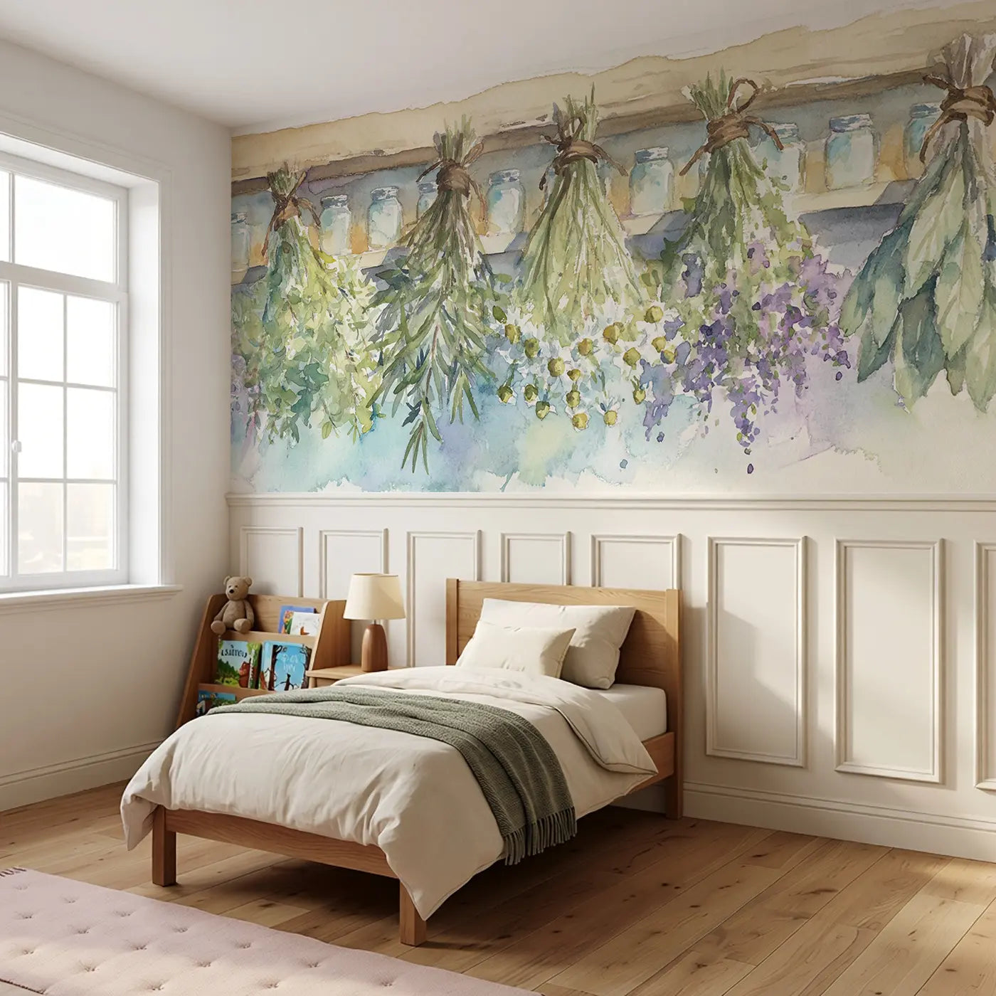 Apothecary Garden Herbs Wainscoting Wallpaper styled in a kids bedroom by Whimsy Tots