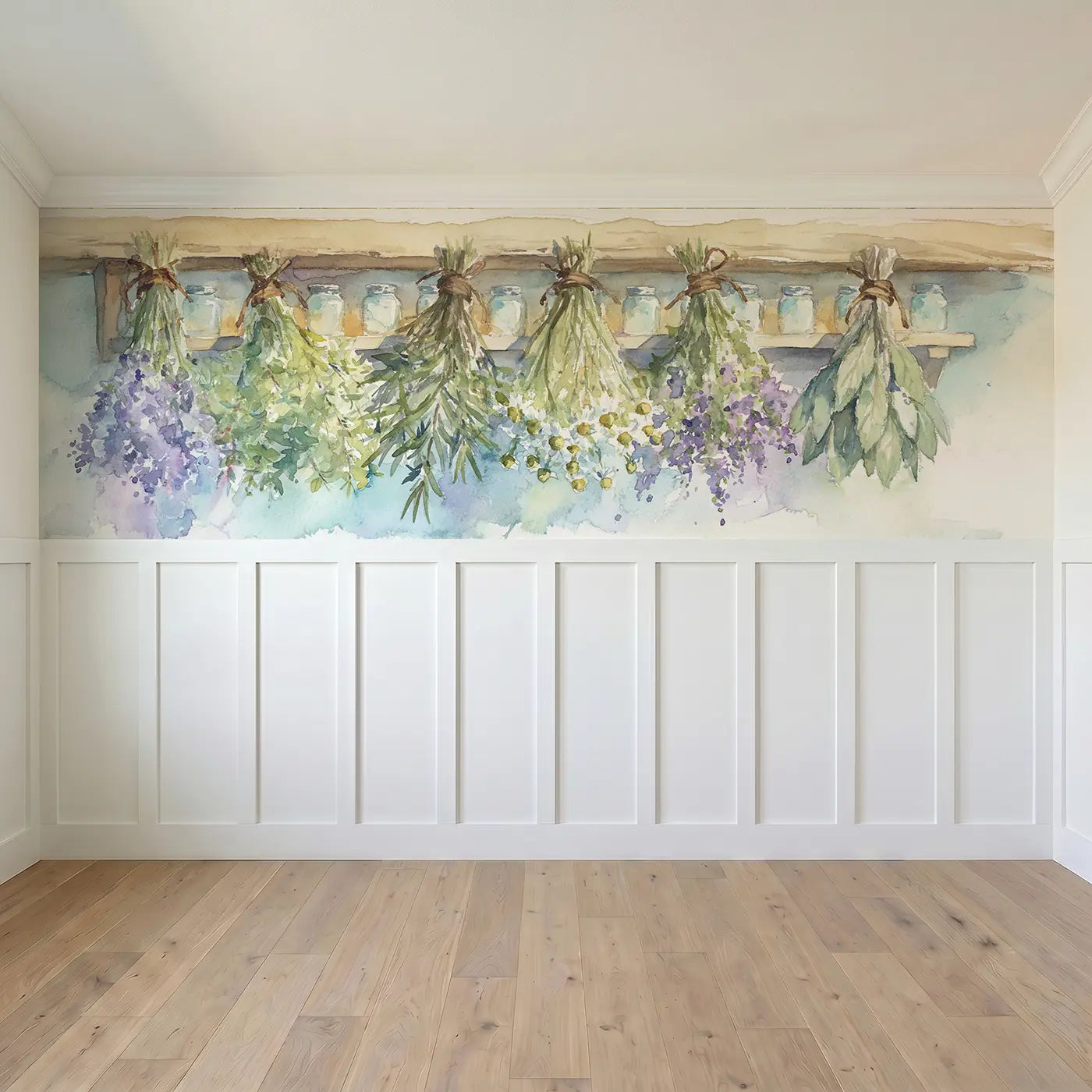 Full panel view of Apothecary Garden Herbs Wainscoting Wallpaper by Whimsy Tots