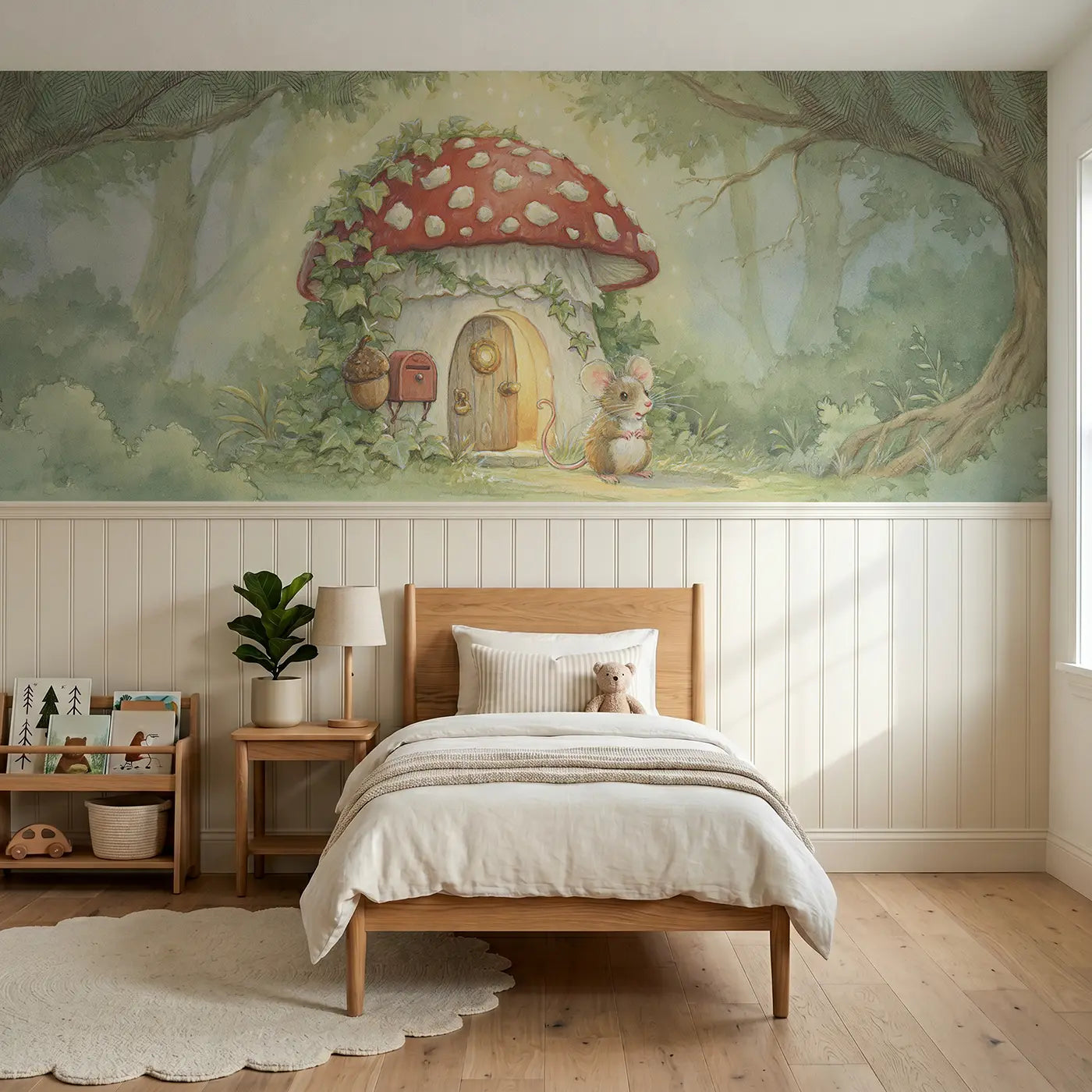 Storybook mouse mushroom house door wainscoting wallpaper for nursery by Whimsy Tots