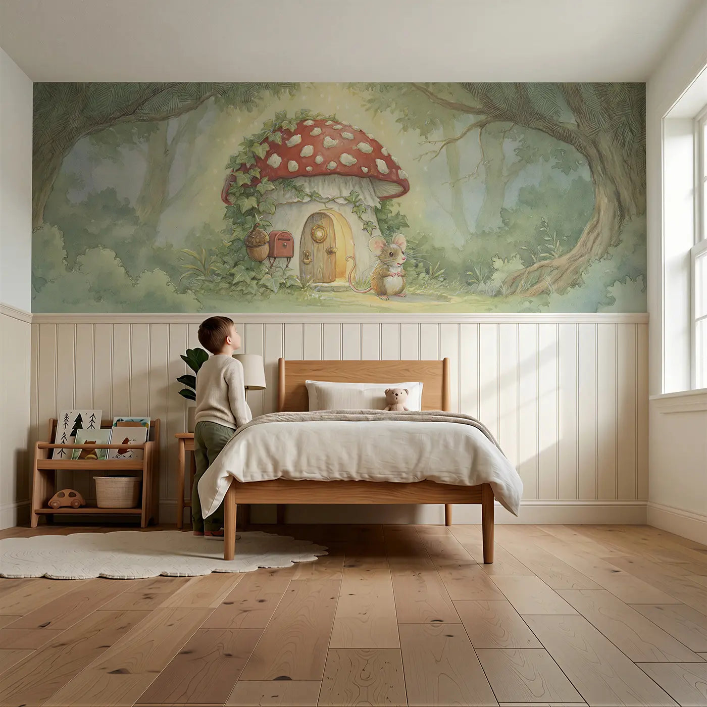 Child reading near Mouse Mushroom House Door Wainscoting Wallpaper by Whimsy Tots