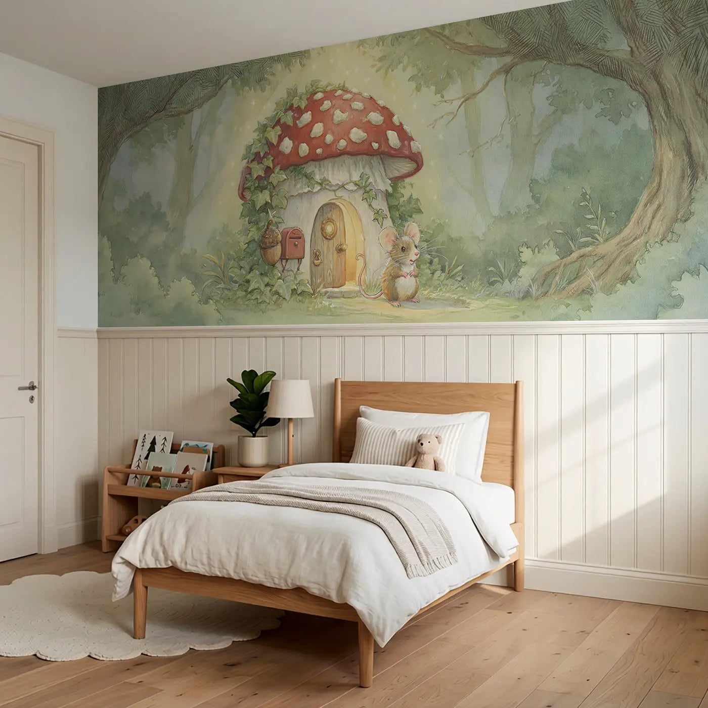 Mouse Mushroom House Door Wainscoting Wallpaper styled in a kids bedroom by Whimsy Tots