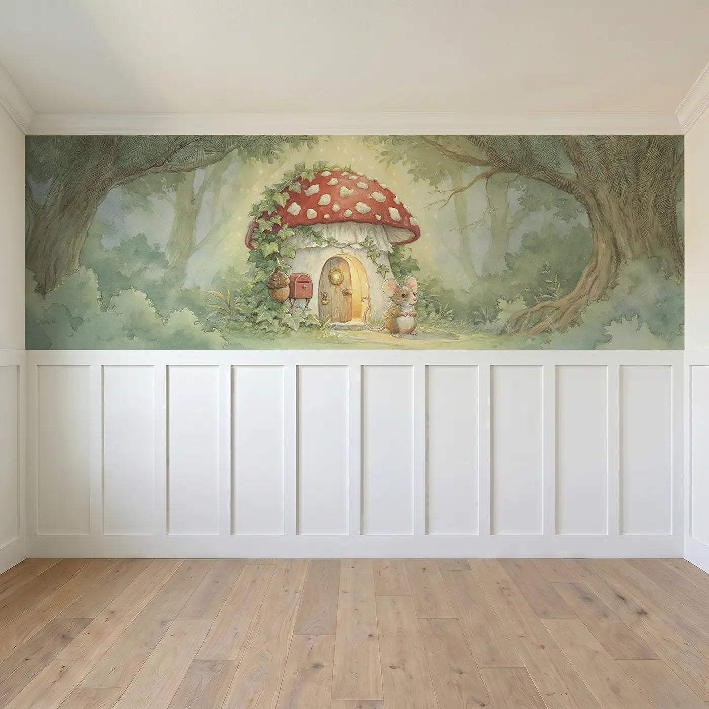 Full panel view of Mouse Mushroom House Door Wainscoting Wallpaper by Whimsy Tots