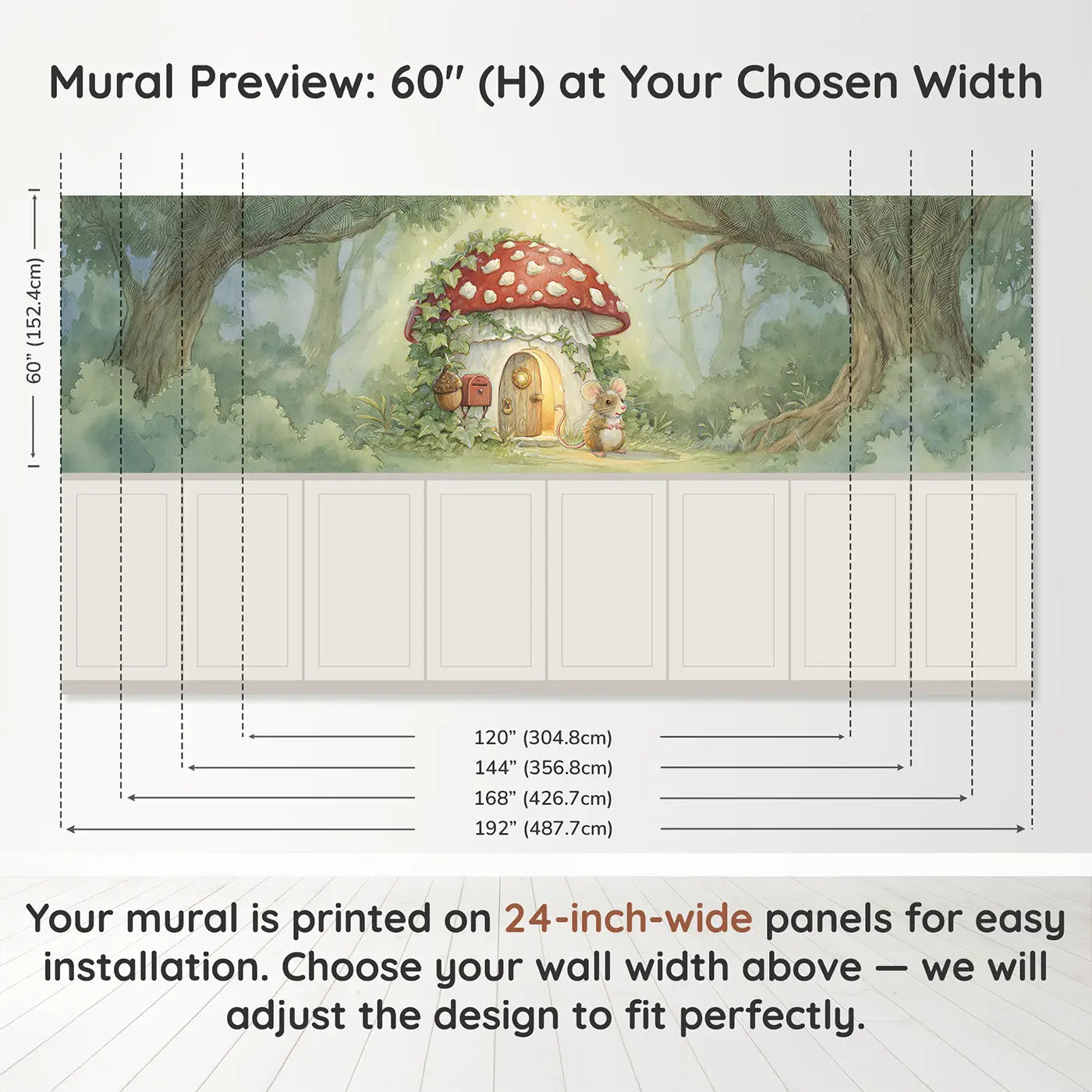 Panel dimensions for Mouse Mushroom House Door Wainscoting Wallpaper by Whimsy Tots