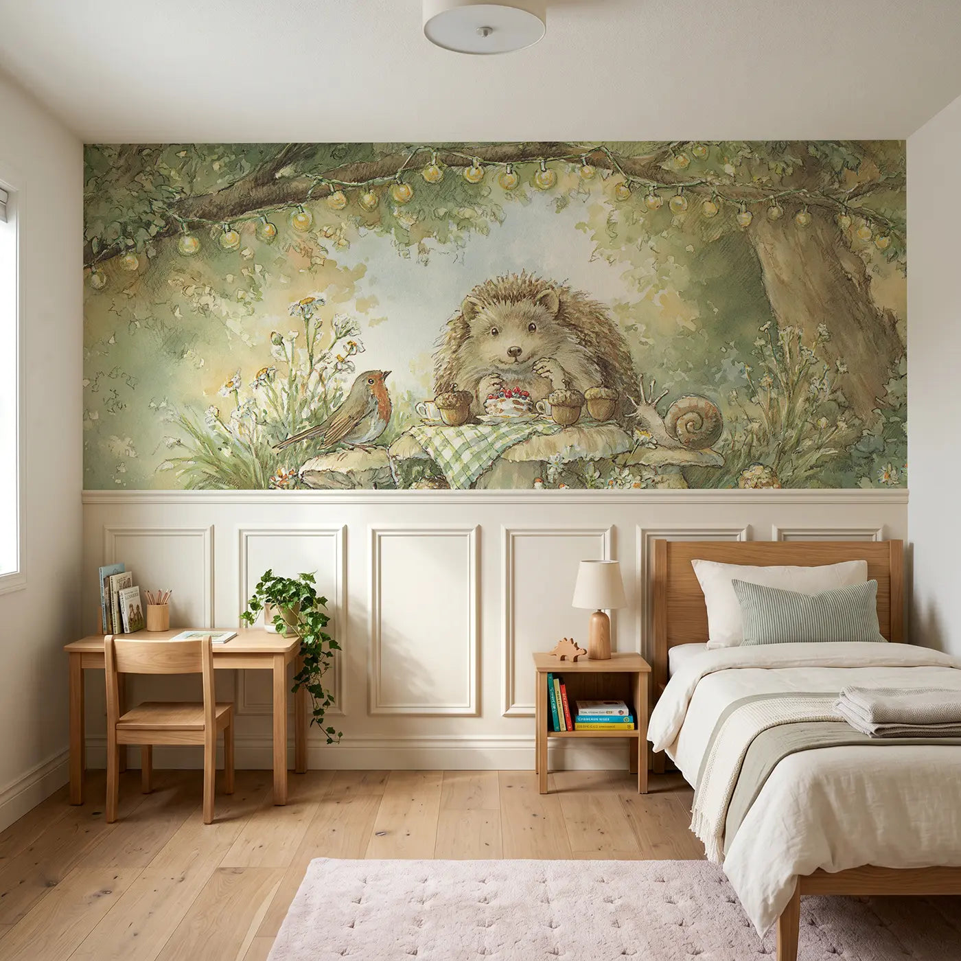 Storybook hedgehog tea party clearing wainscoting wallpaper for nursery by Whimsy Tots