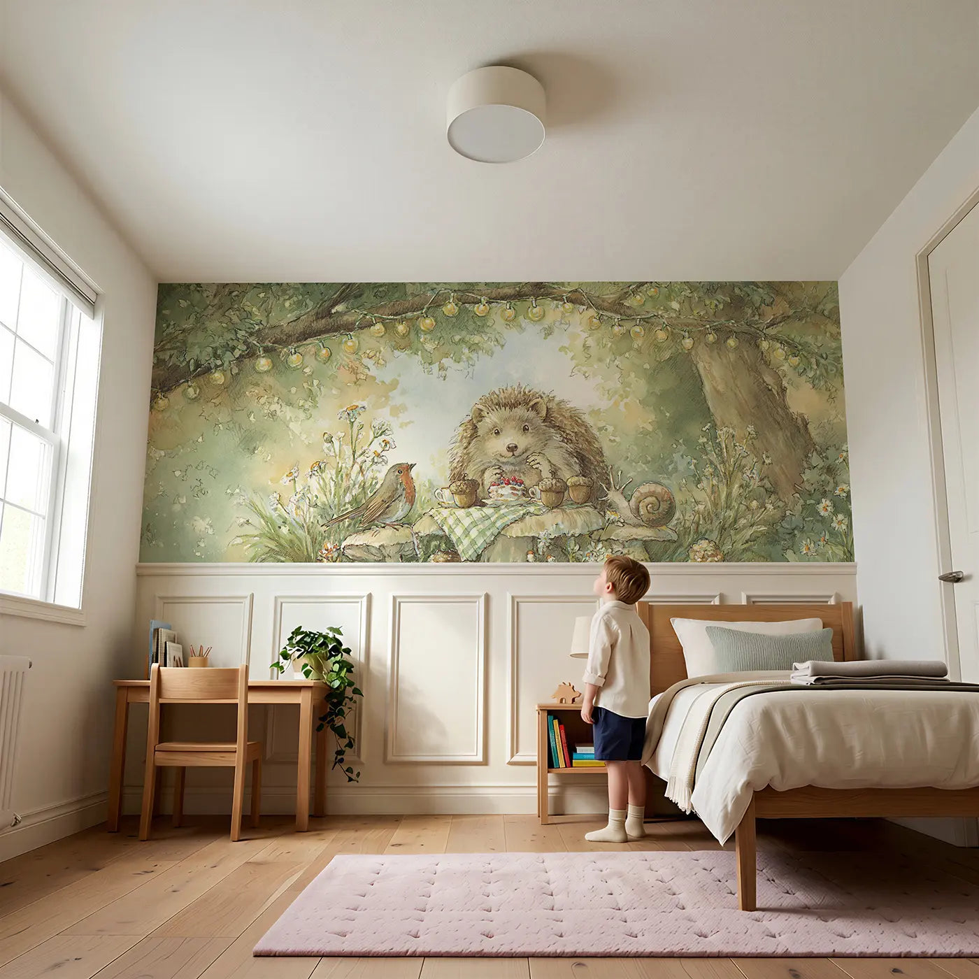 Child reading near Hedgehog Tea Party Clearing Wainscoting Wallpaper by Whimsy Tots