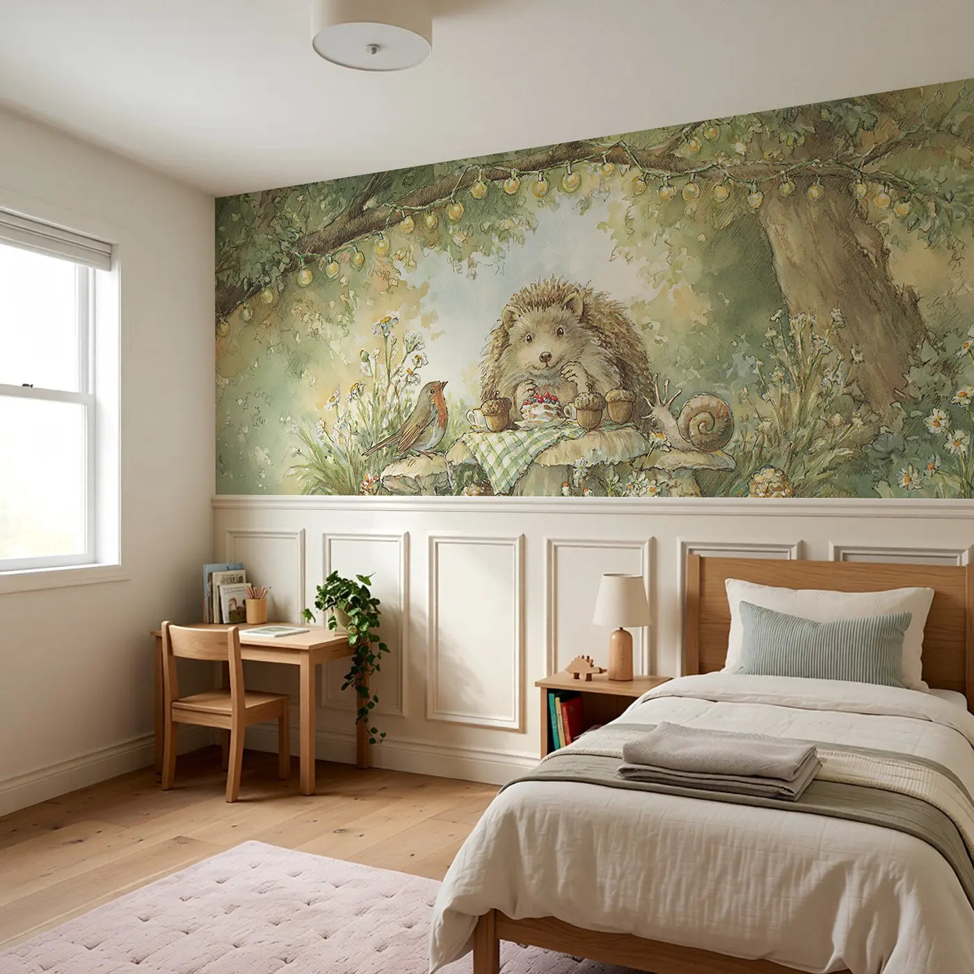 Hedgehog Tea Party Clearing Wainscoting Wallpaper styled in a kids bedroom by Whimsy Tots