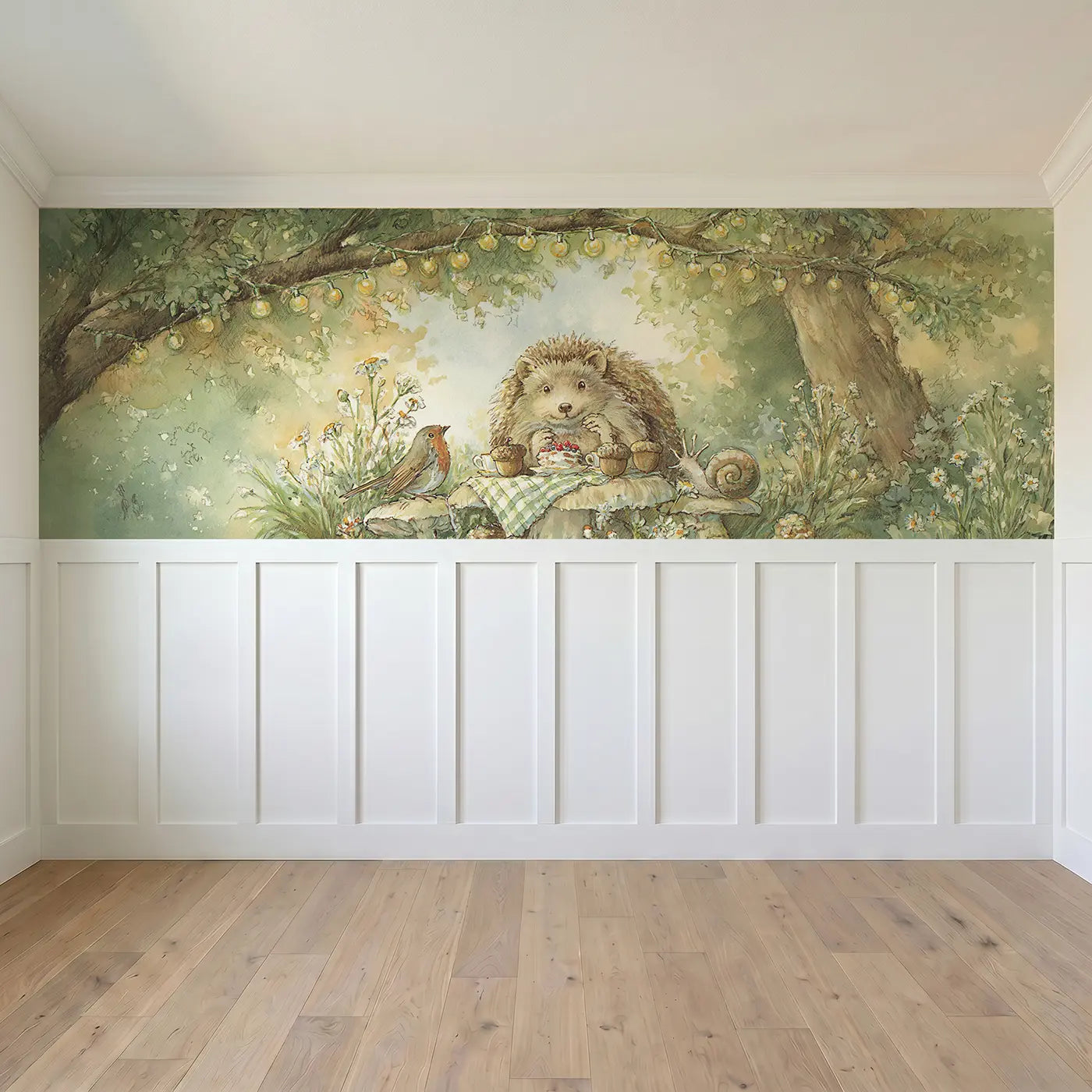 Full panel view of Hedgehog Tea Party Clearing Wainscoting Wallpaper by Whimsy Tots