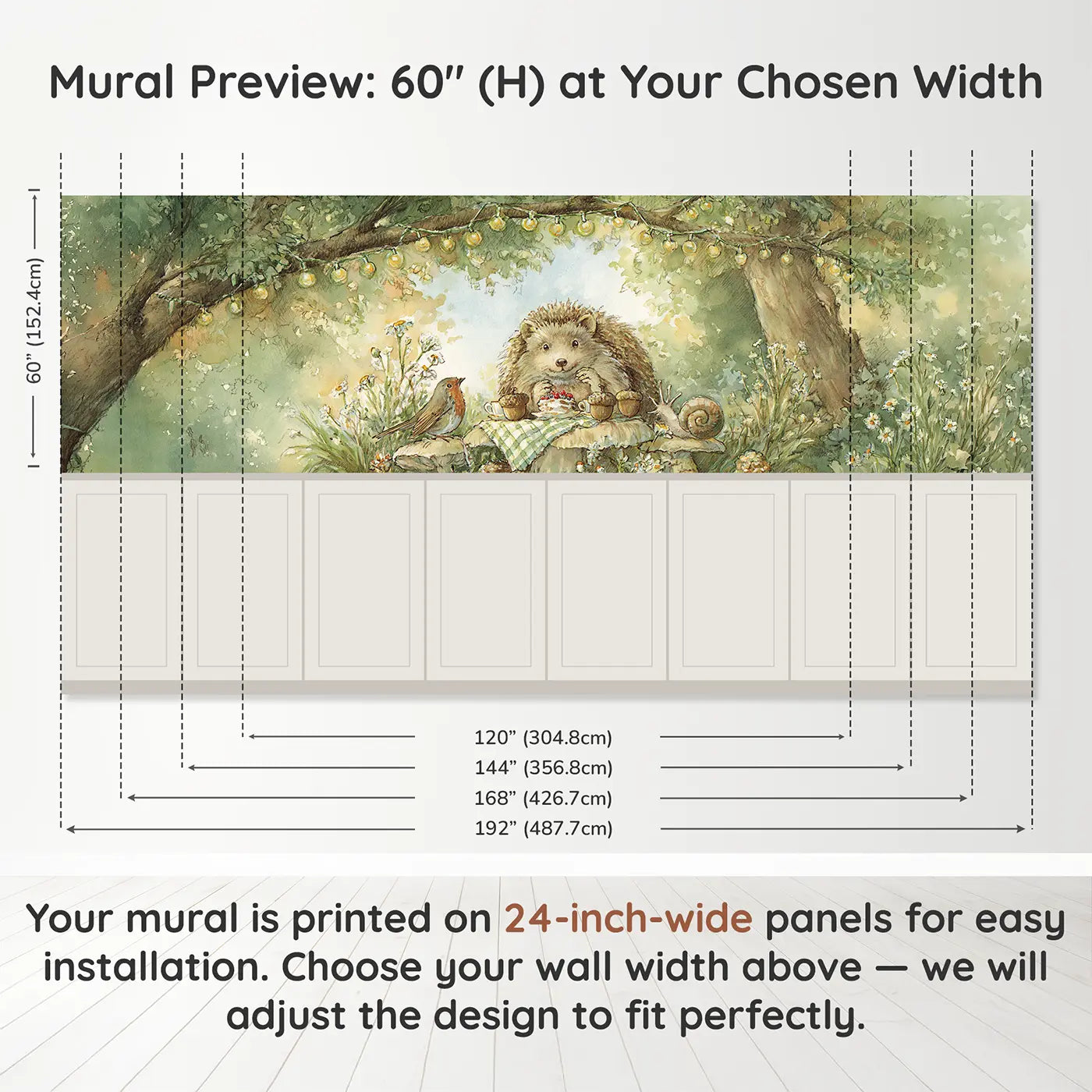 Panel dimensions for Hedgehog Tea Party Clearing Wainscoting Wallpaper by Whimsy Tots