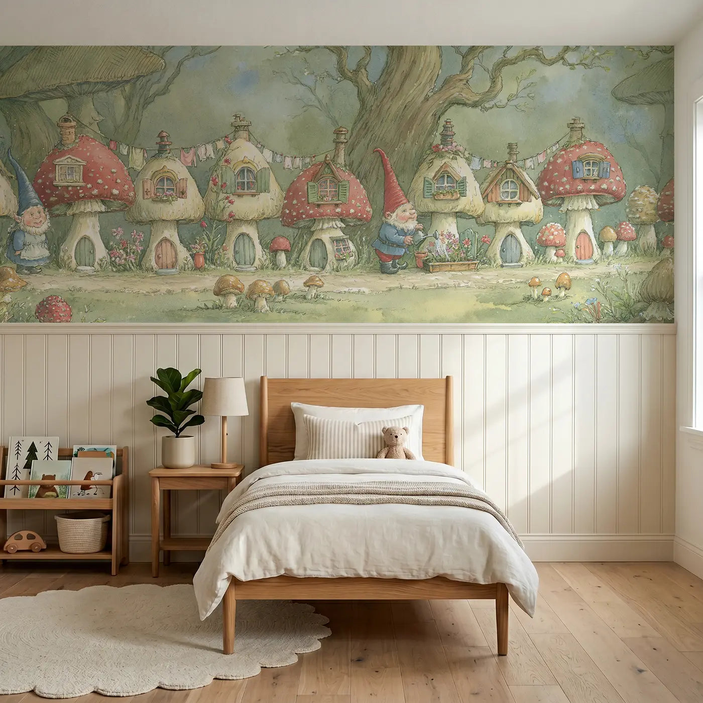 Storybook gnome garden toadstool lane wainscoting wallpaper for bedroom by Whimsy Tots