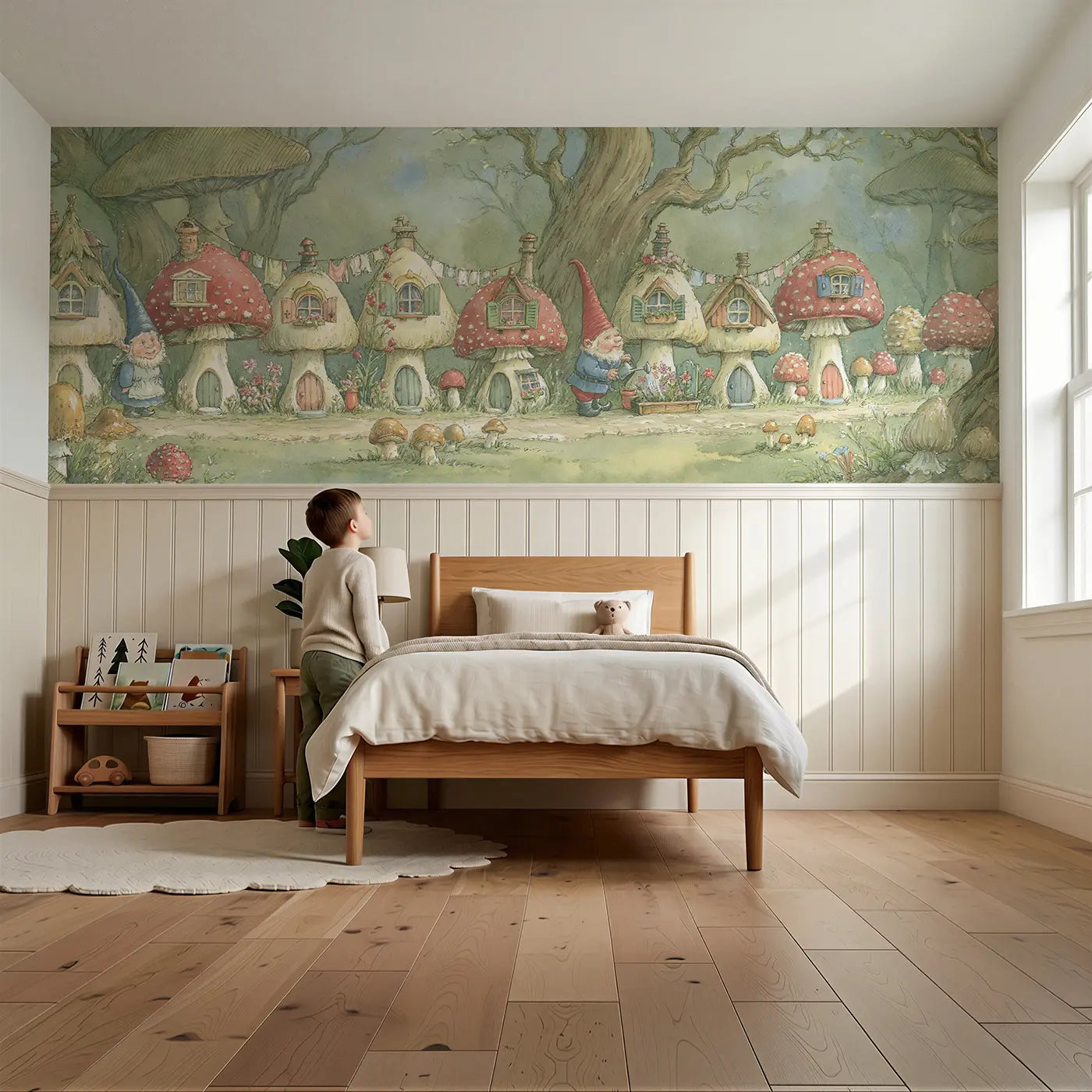 Child reading near Gnome Garden Toadstool Lane Wainscoting Wallpaper by Whimsy Tots
