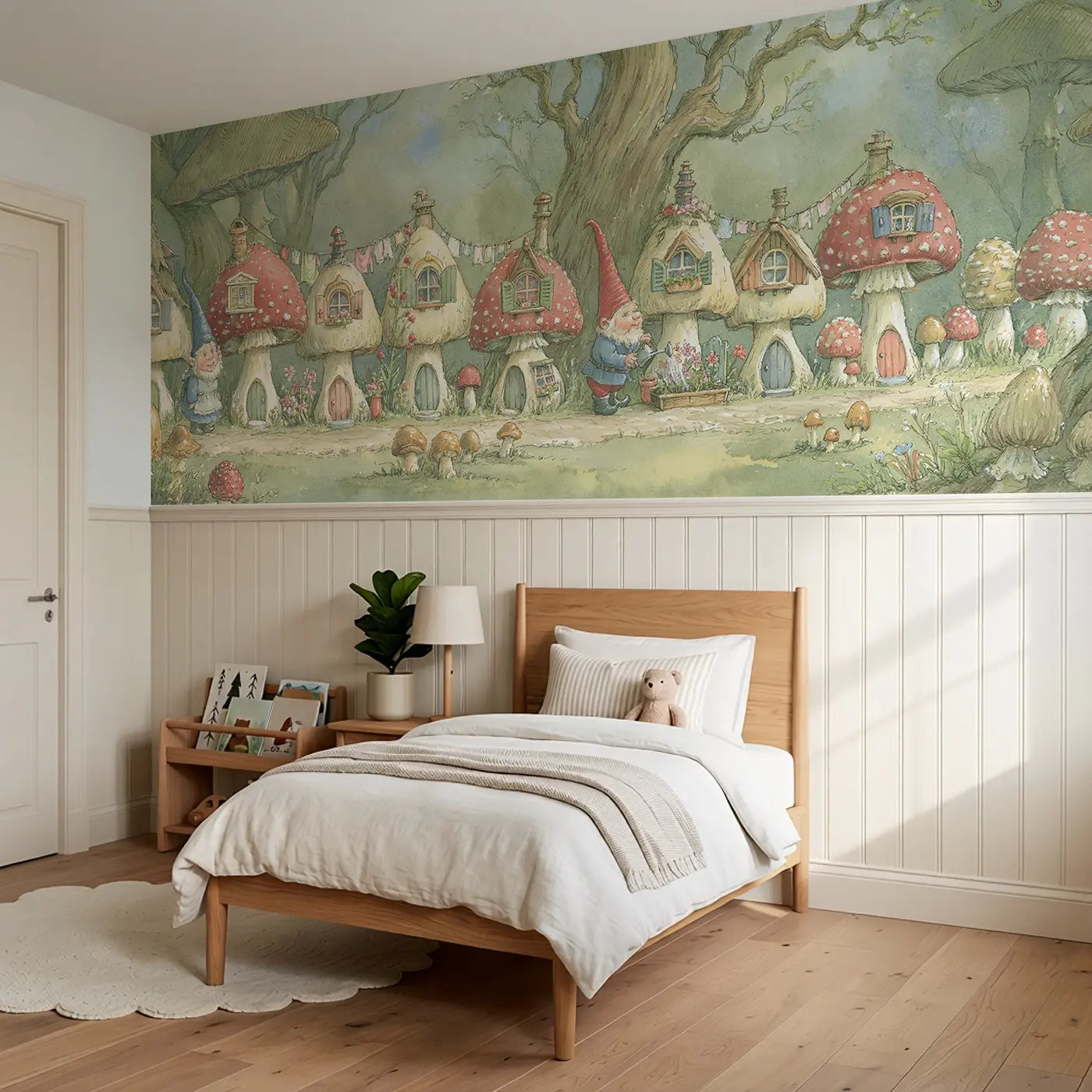 Gnome Garden Toadstool Lane Wainscoting Wallpaper styled in a kids bedroom by Whimsy Tots