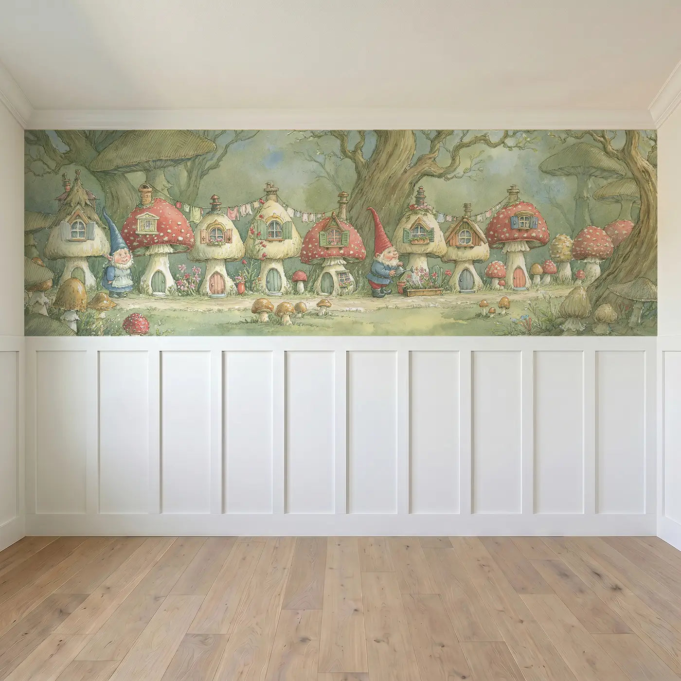 Full panel view of Gnome Garden Toadstool Lane Wainscoting Wallpaper by Whimsy Tots