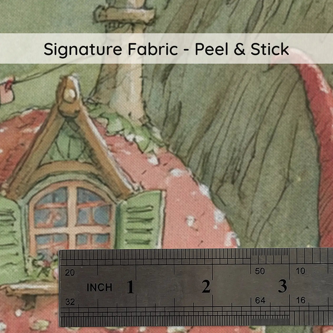 Fabric texture close-up of Gnome Garden Toadstool Lane Wainscoting Wallpaper by Whimsy Tots