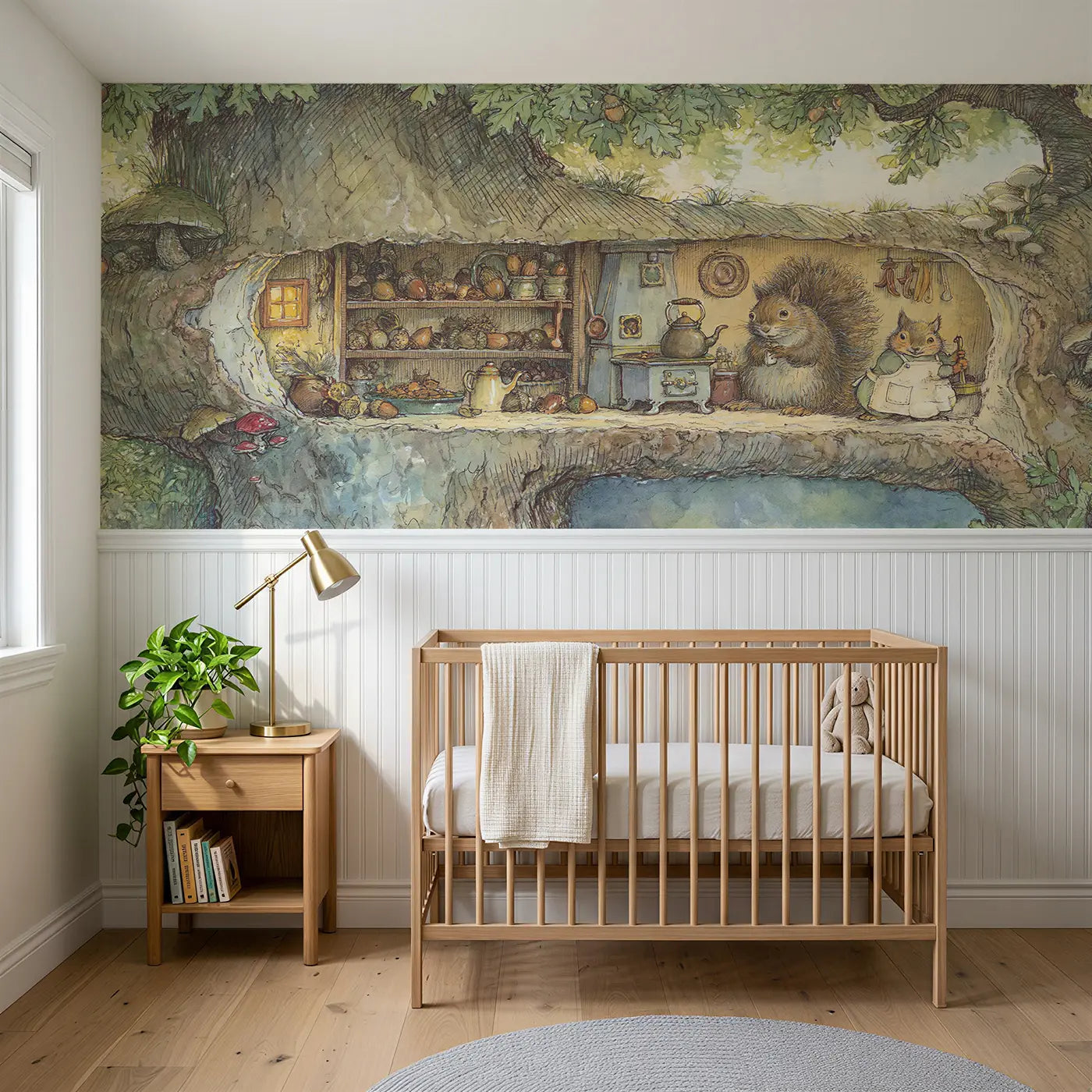 Storybook squirrel hollow tree kitchen wainscoting wallpaper for nursery by Whimsy Tots
