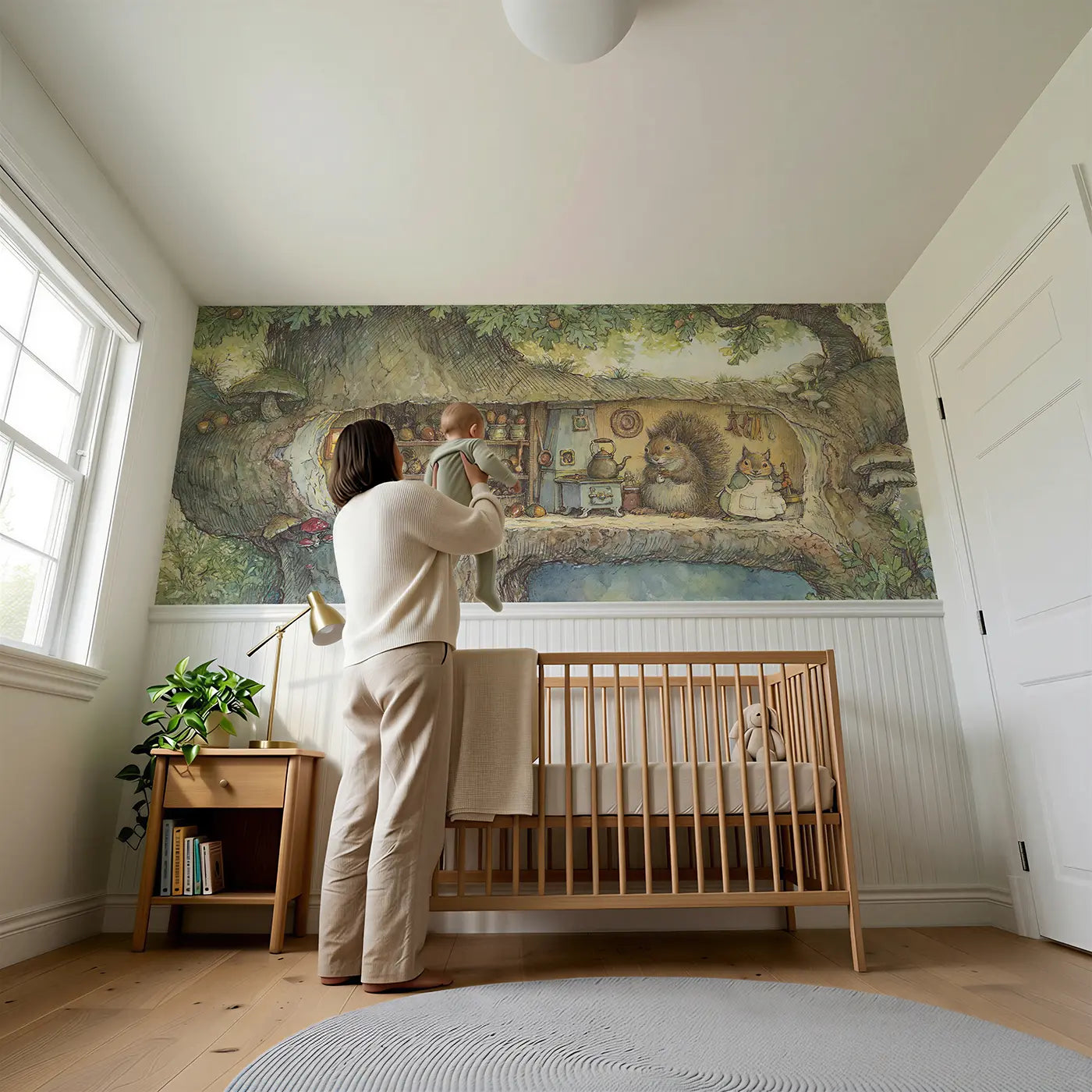 Child reading near Squirrel Hollow Tree Kitchen Wainscoting Wallpaper by Whimsy Tots