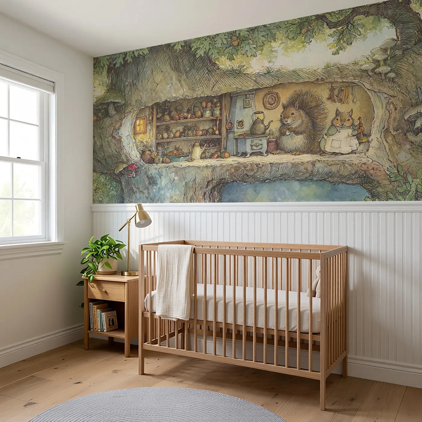 Squirrel Hollow Tree Kitchen Wainscoting Wallpaper styled in a kids bedroom by Whimsy Tots