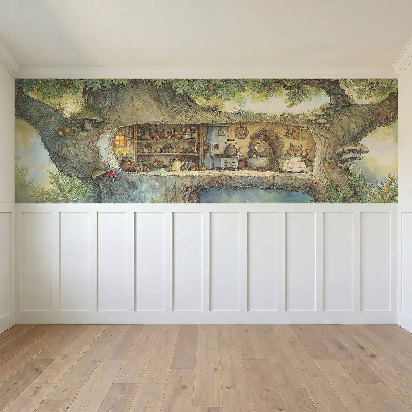 Full panel view of Squirrel Hollow Tree Kitchen Wainscoting Wallpaper by Whimsy Tots
