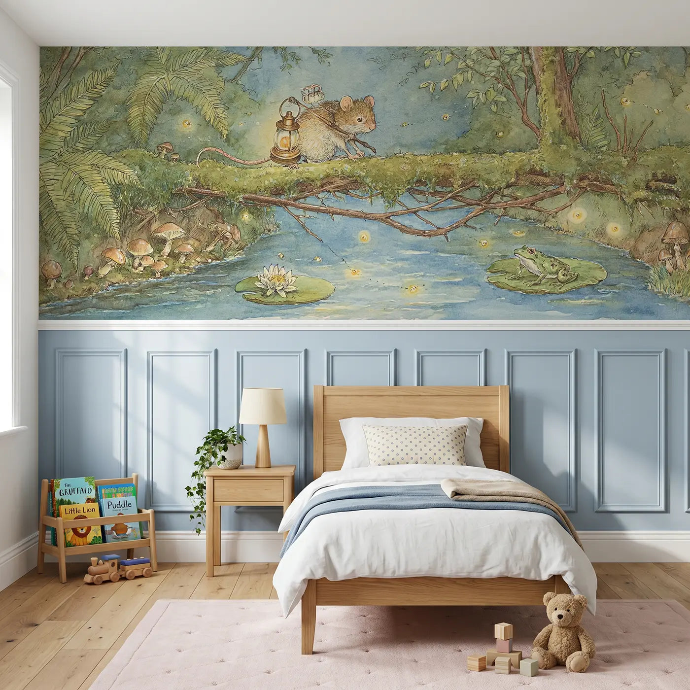 Storybook mouse bridge stream moss wainscoting wallpaper for nursery by Whimsy Tots