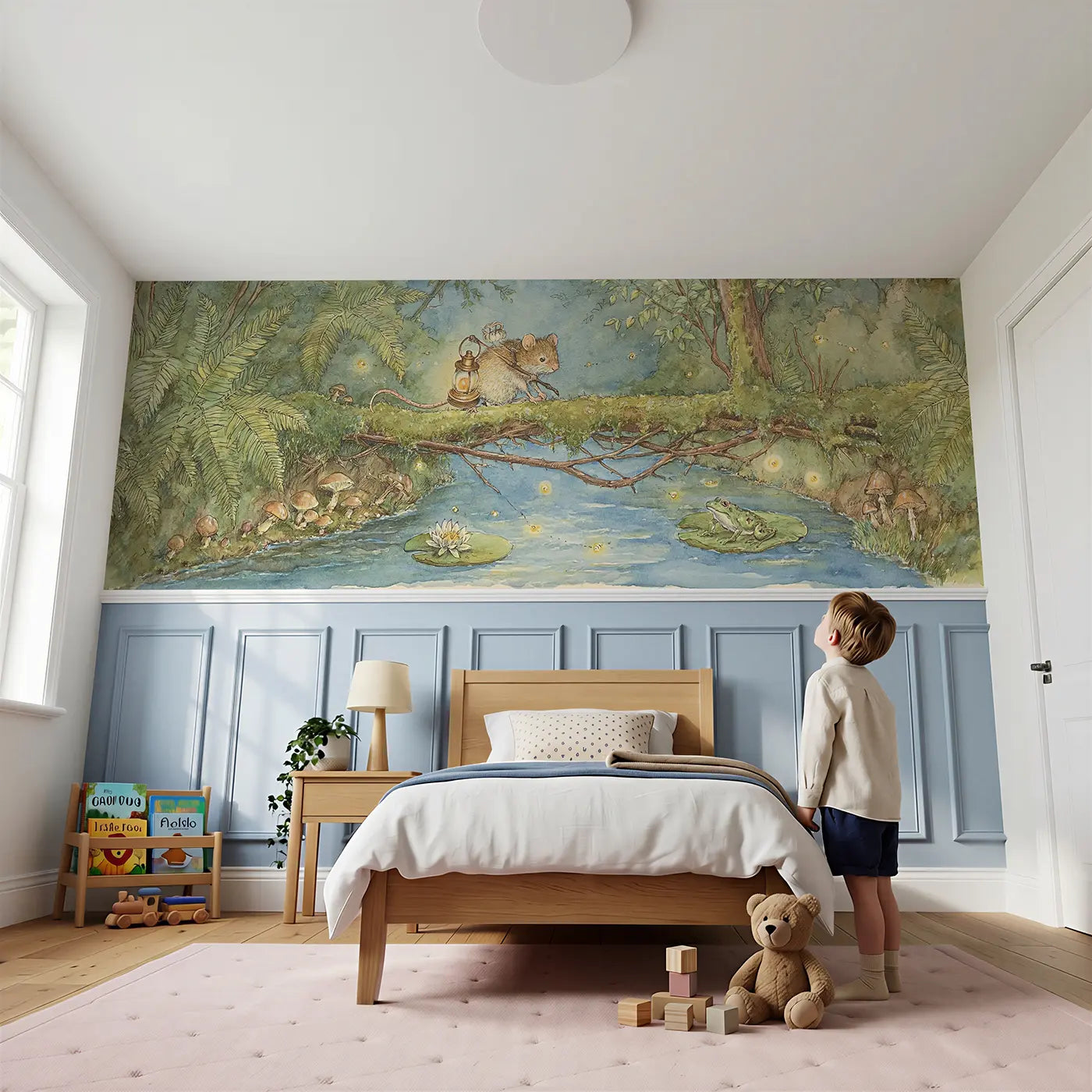 Child reading near Mouse Bridge Stream Moss Wainscoting Wallpaper by Whimsy Tots