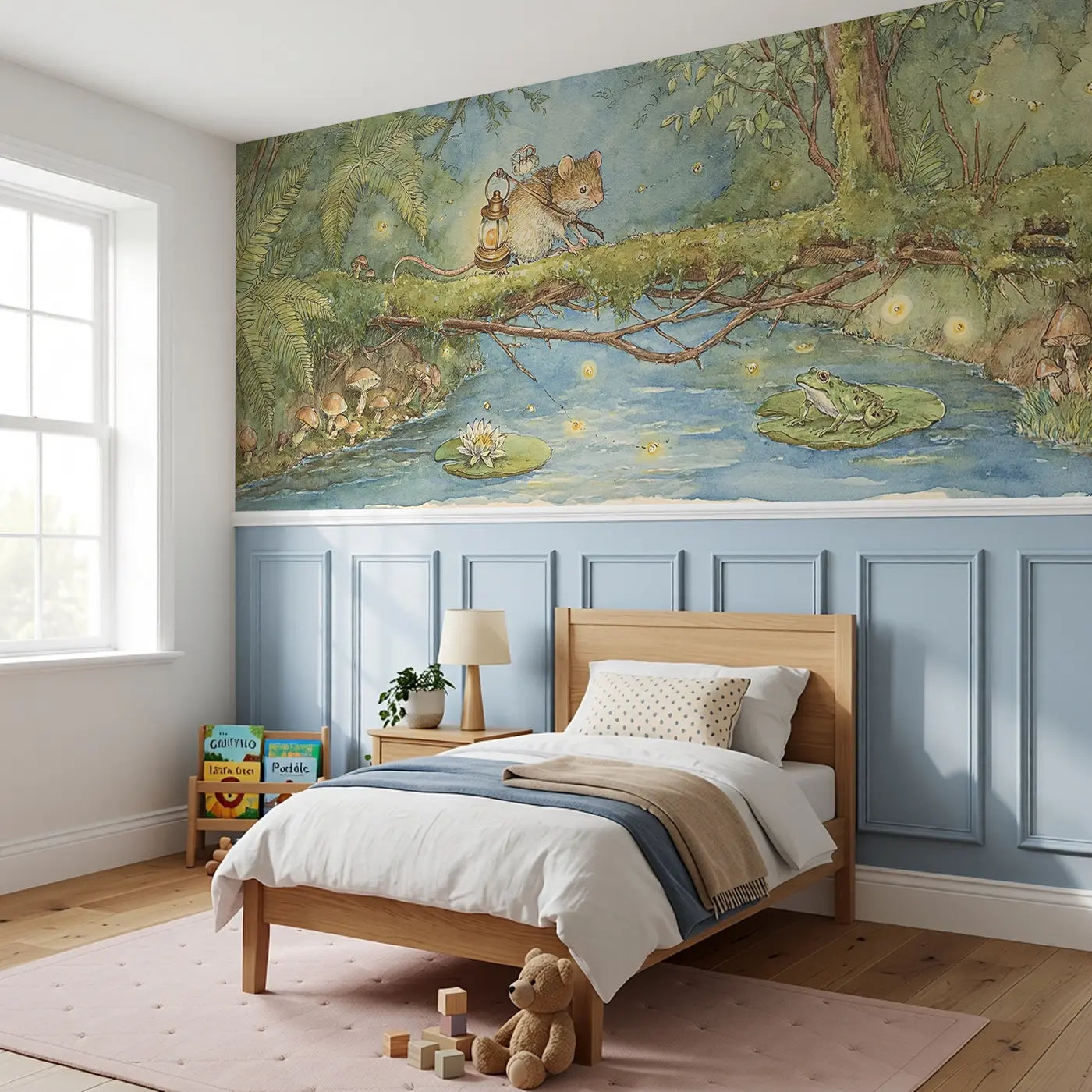 Mouse Bridge Stream Moss Wainscoting Wallpaper styled in a kids bedroom by Whimsy Tots