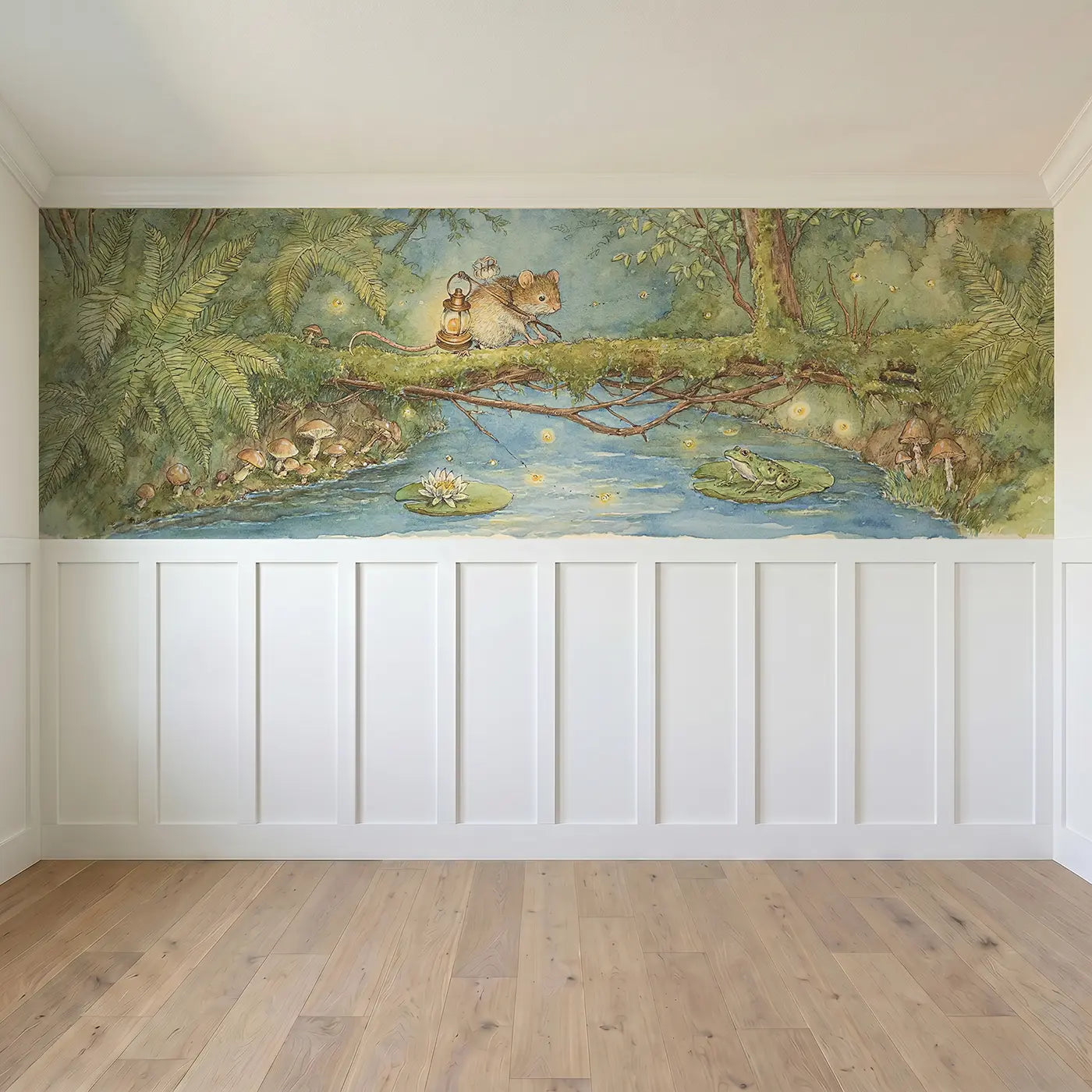 Full panel view of Mouse Bridge Stream Moss Wainscoting Wallpaper by Whimsy Tots