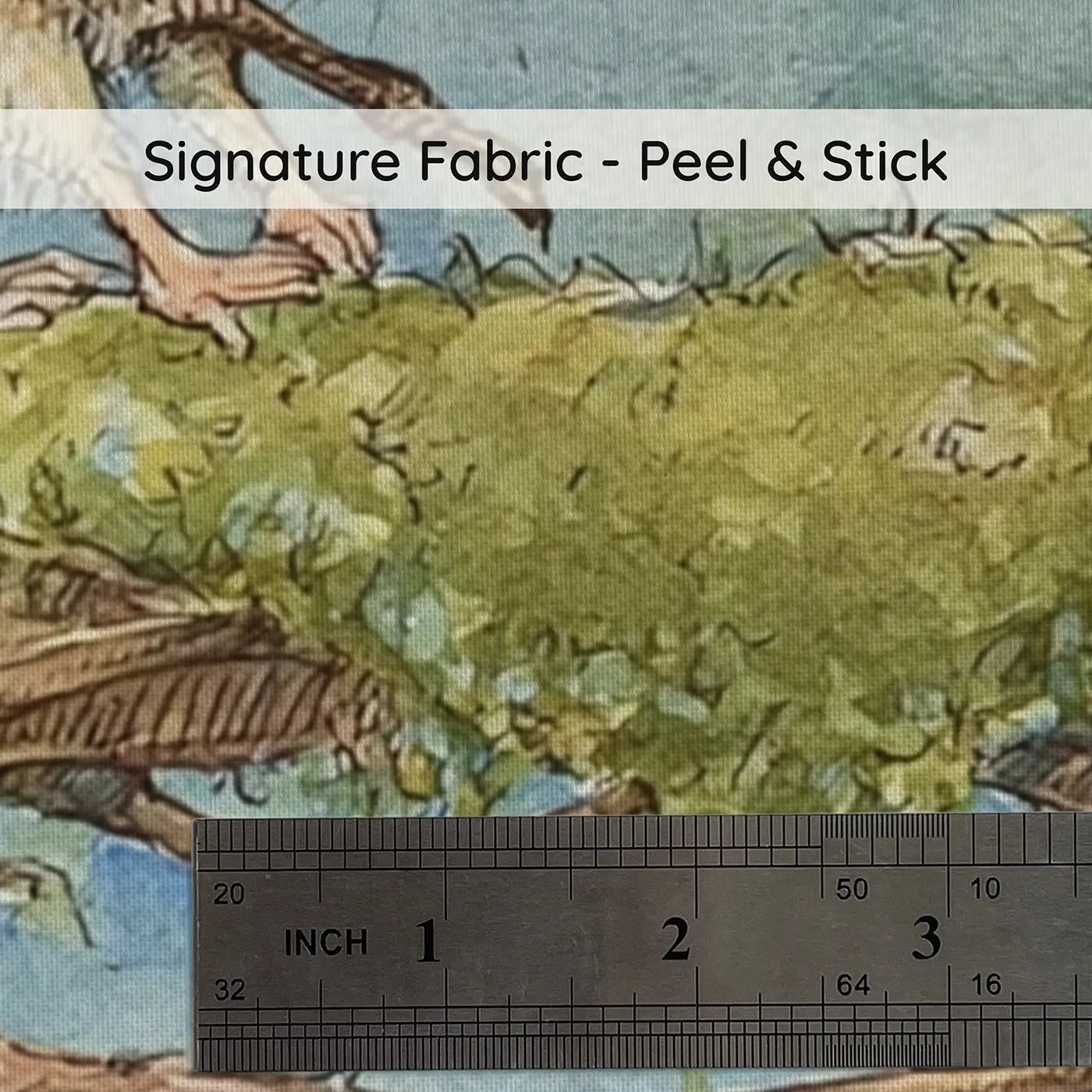 Fabric texture close-up of Mouse Bridge Stream Moss Wainscoting Wallpaper by Whimsy Tots