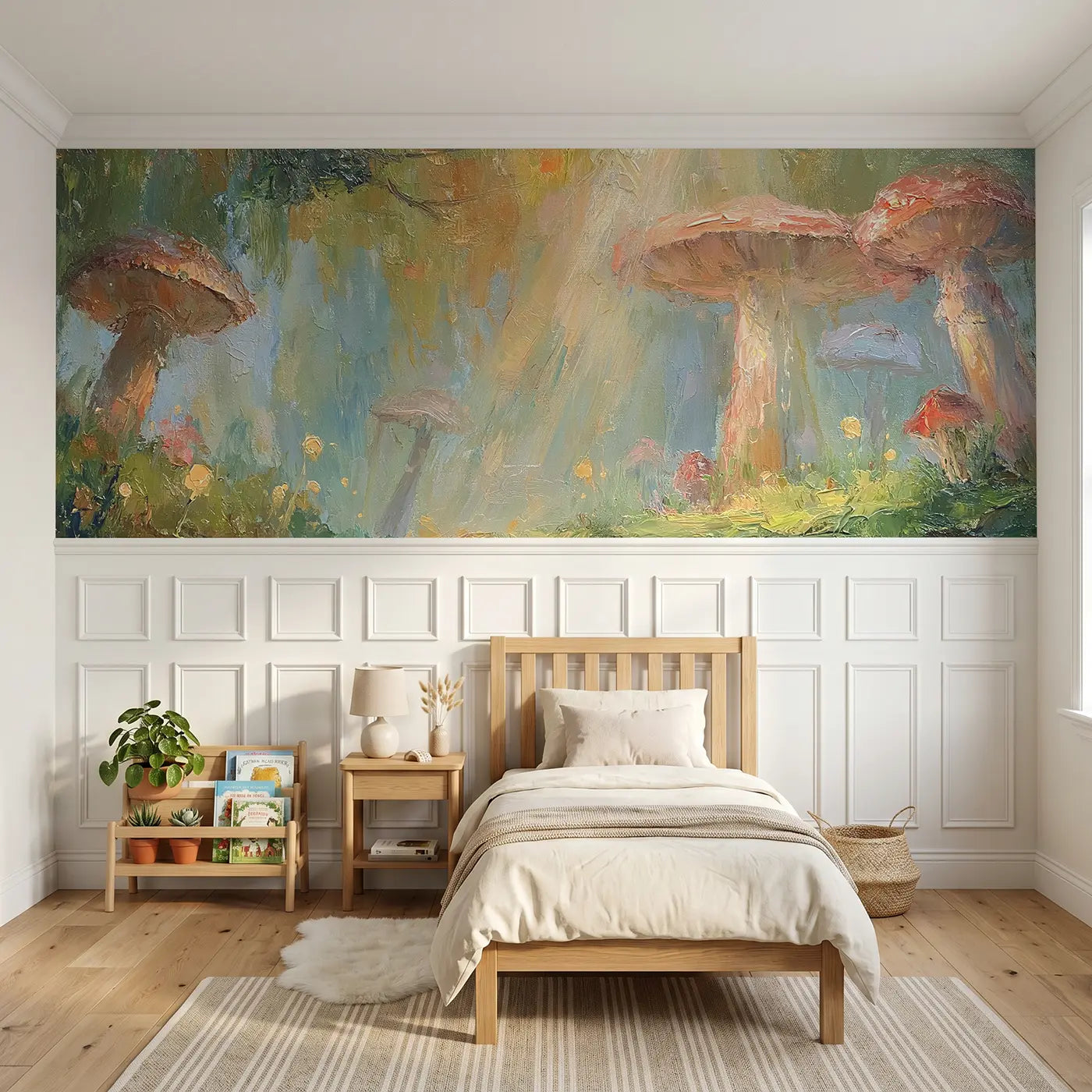 Painted Landscape enchanted mushroom glade oil wainscoting wallpaper for nursery by Whimsy Tots