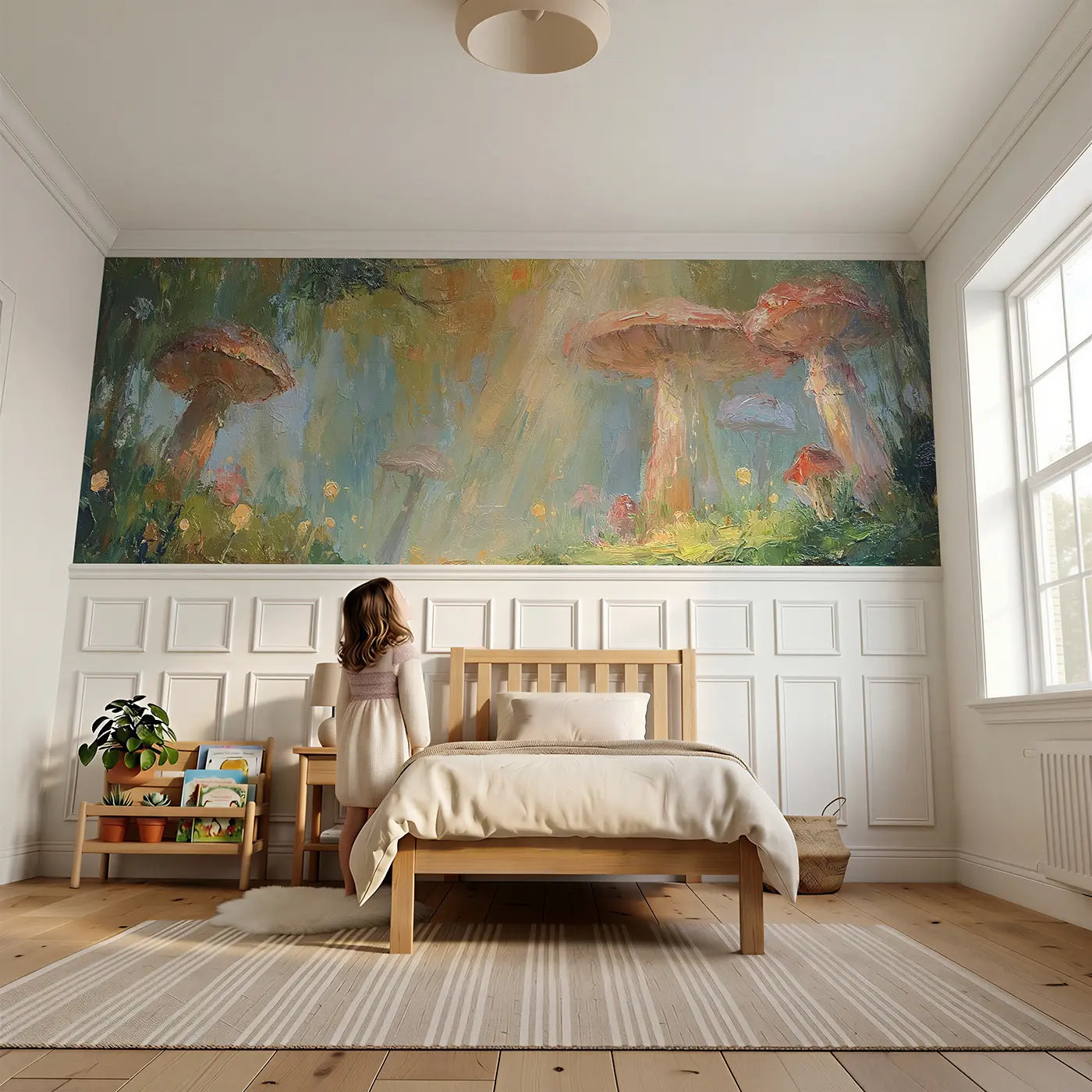 Child reading near Enchanted Mushroom Glade Oil Wainscoting Wallpaper by Whimsy Tots