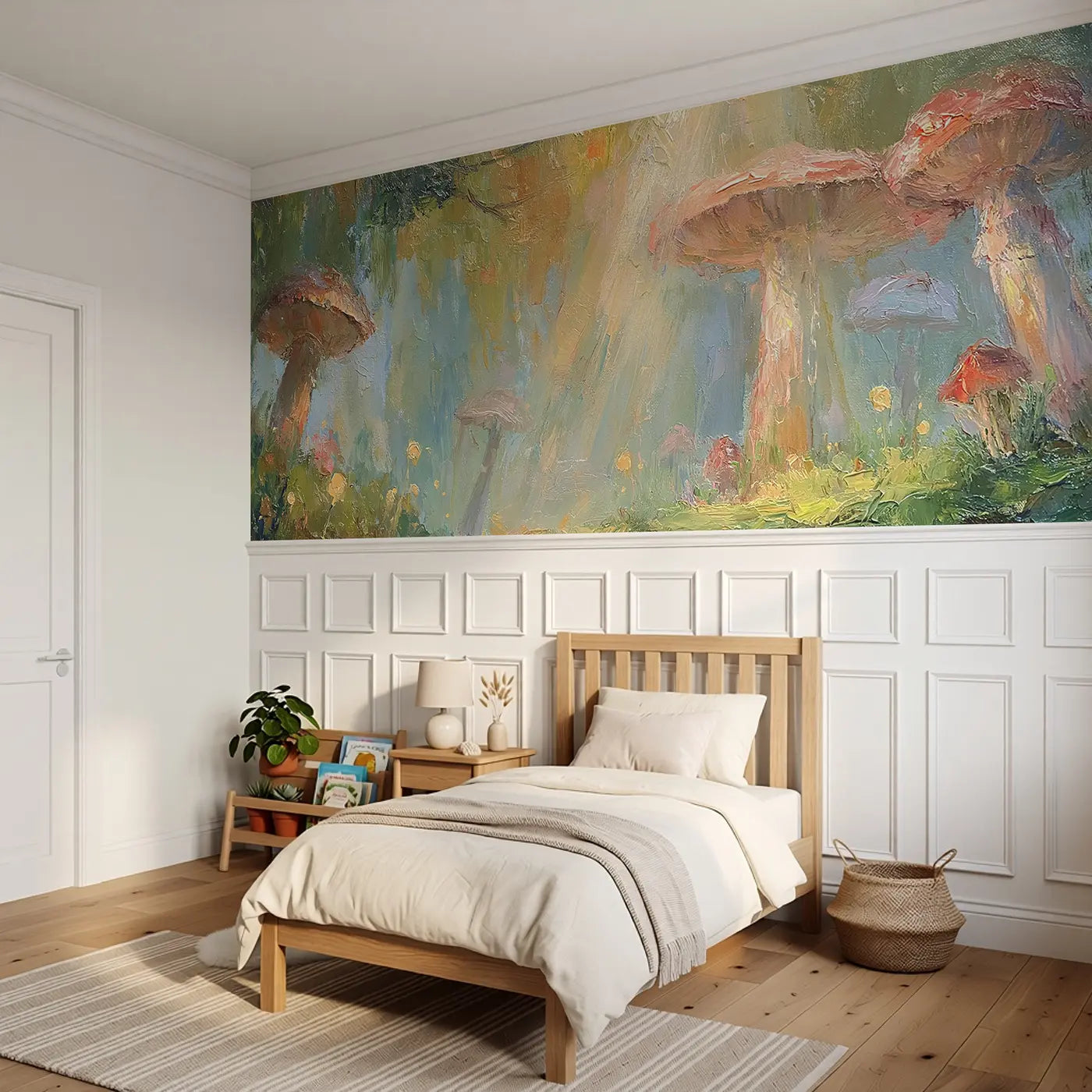 Enchanted Mushroom Glade Oil Wainscoting Wallpaper styled in a kids bedroom by Whimsy Tots