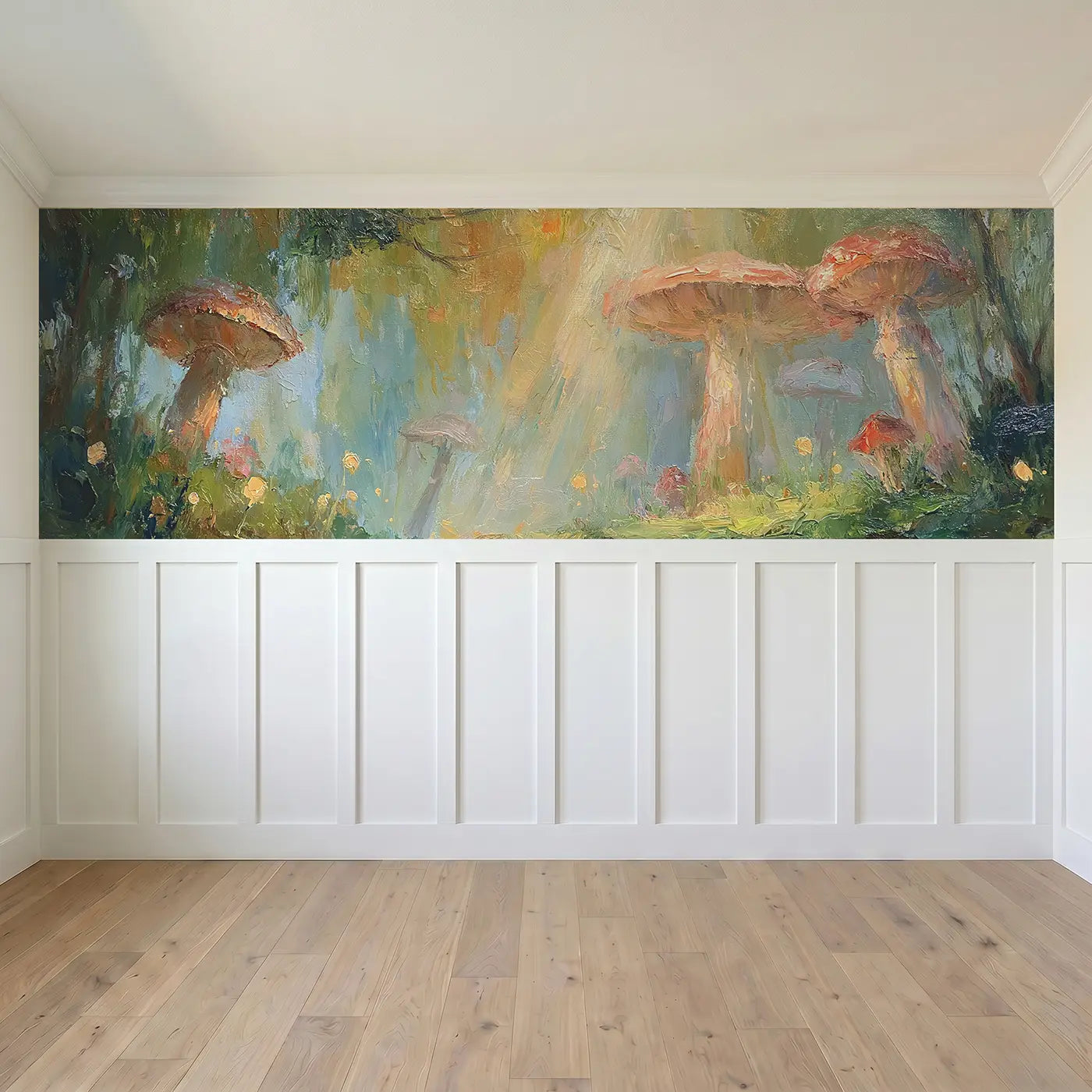 Full panel view of Enchanted Mushroom Glade Oil Wainscoting Wallpaper by Whimsy Tots