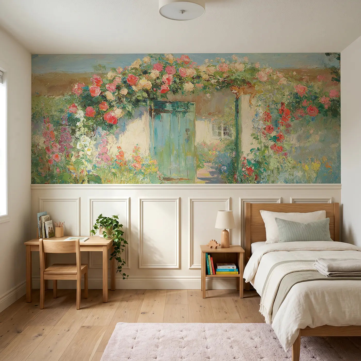 Painted Landscape cottage garden gate oil wainscoting wallpaper for bedroom by Whimsy Tots