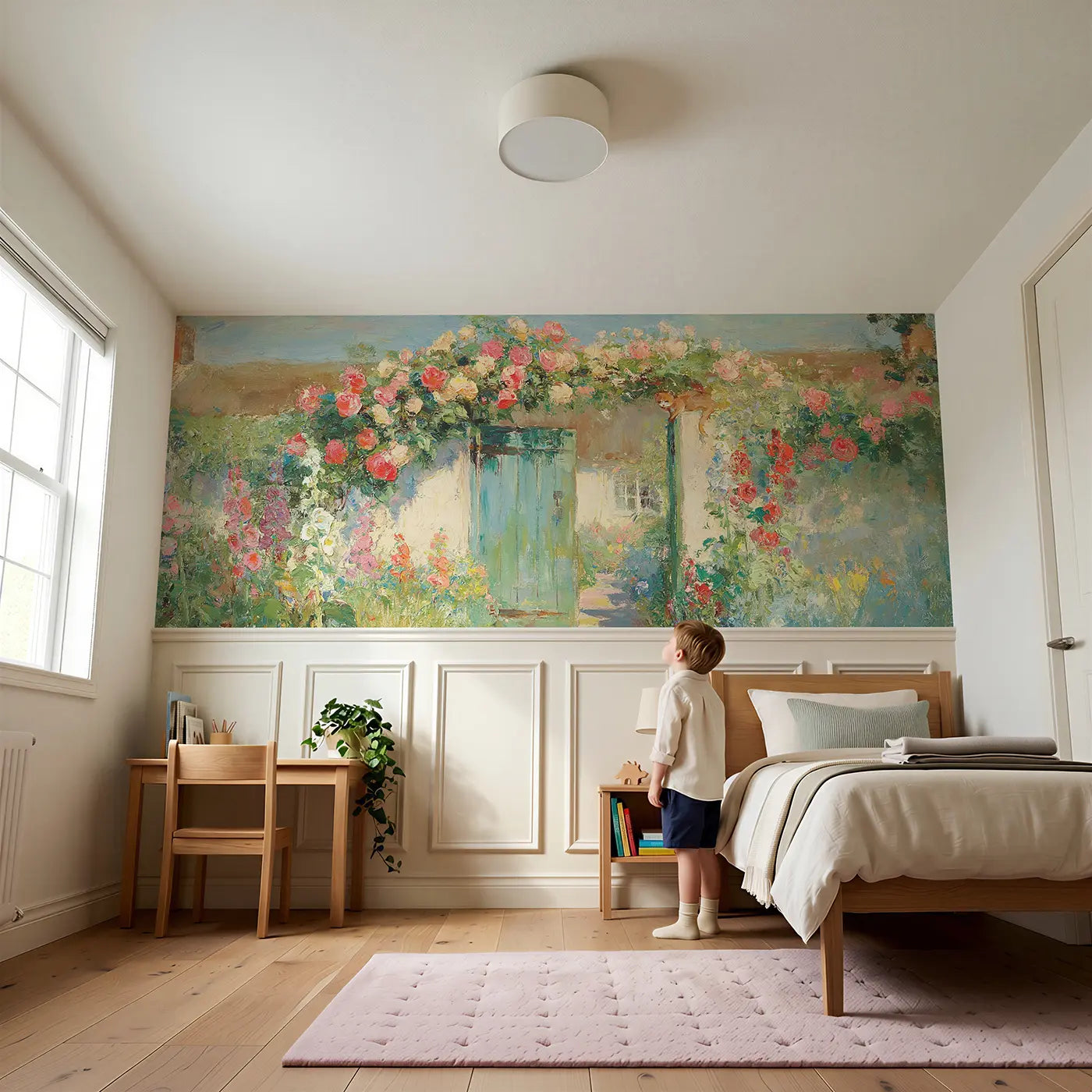 Child reading near Cottage Garden Gate Oil Wainscoting Wallpaper by Whimsy Tots