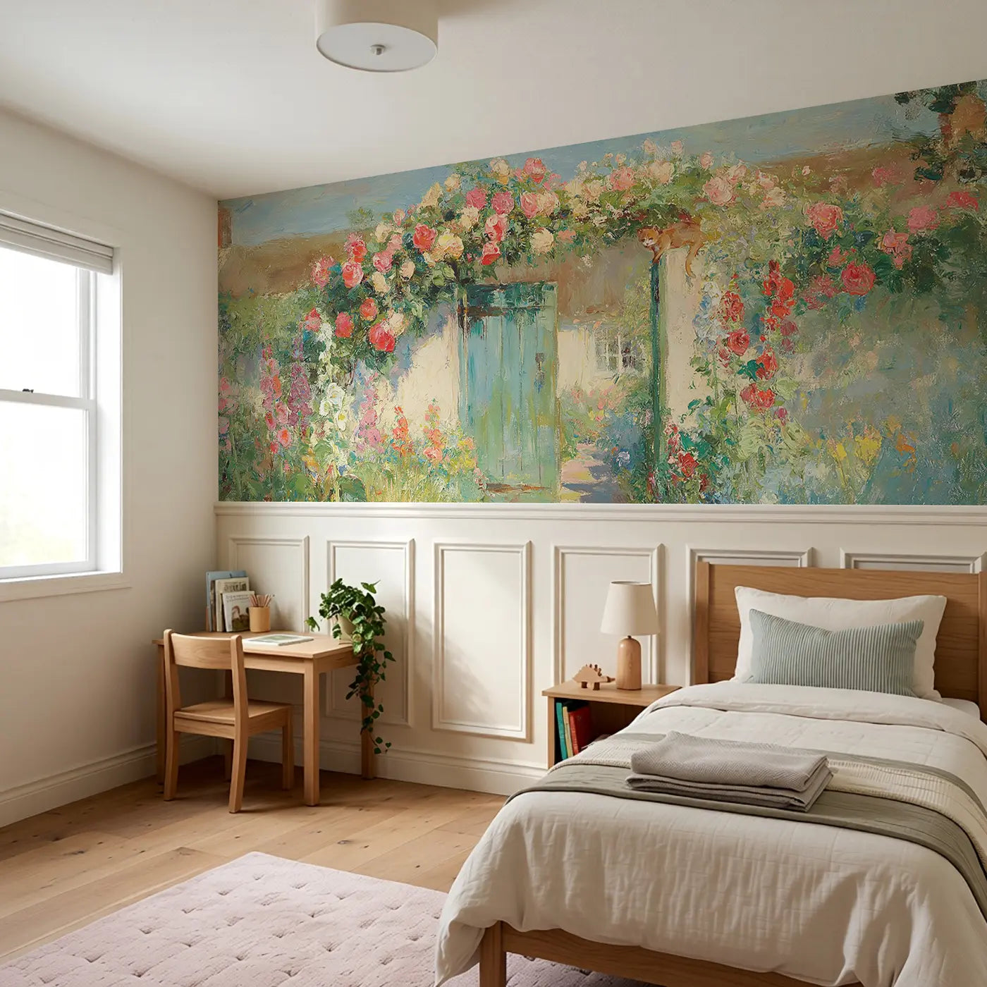 Cottage Garden Gate Oil Wainscoting Wallpaper styled in a kids bedroom by Whimsy Tots