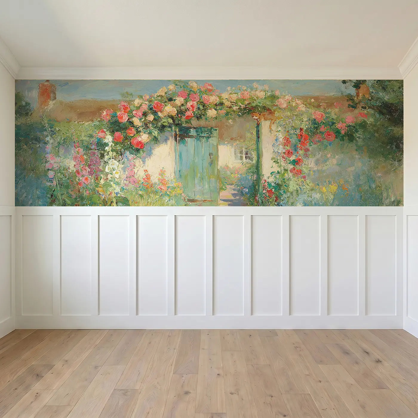 Full panel view of Cottage Garden Gate Oil Wainscoting Wallpaper by Whimsy Tots