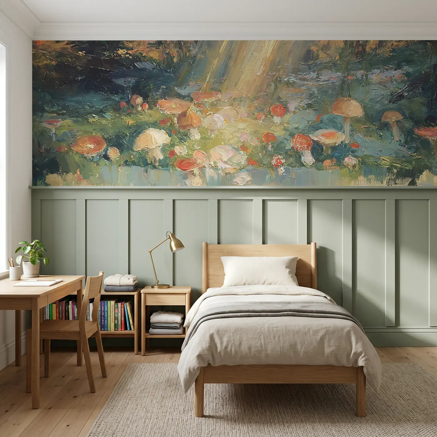 Painted Landscape forest floor mushroom carpet wainscoting wallpaper for bedroom by Whimsy Tots