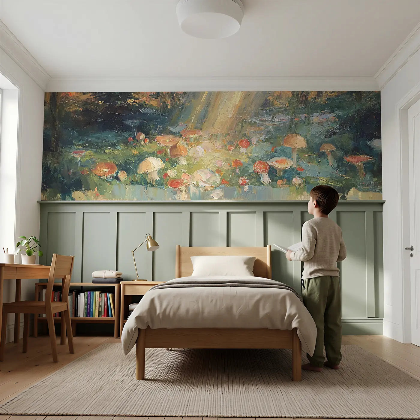 Child reading near Forest Floor Mushroom Carpet Wainscoting Wallpaper by Whimsy Tots