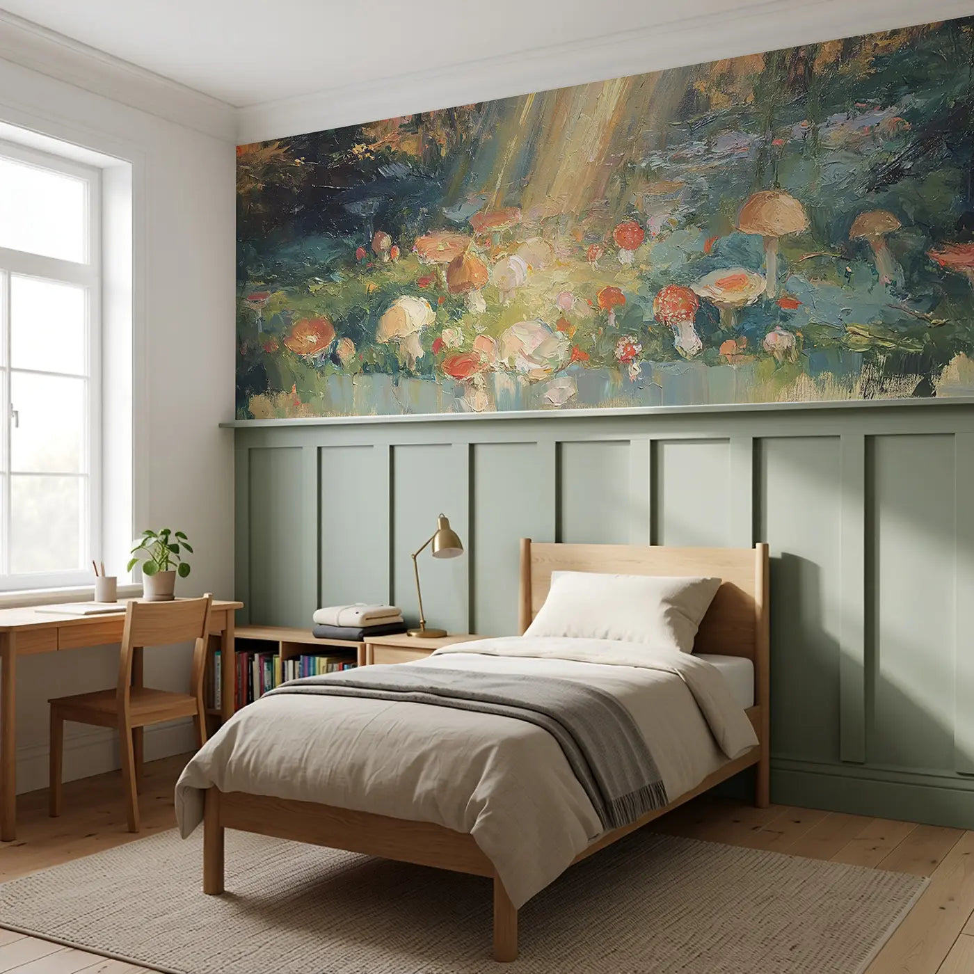 Forest Floor Mushroom Carpet Wainscoting Wallpaper styled in a kids bedroom by Whimsy Tots