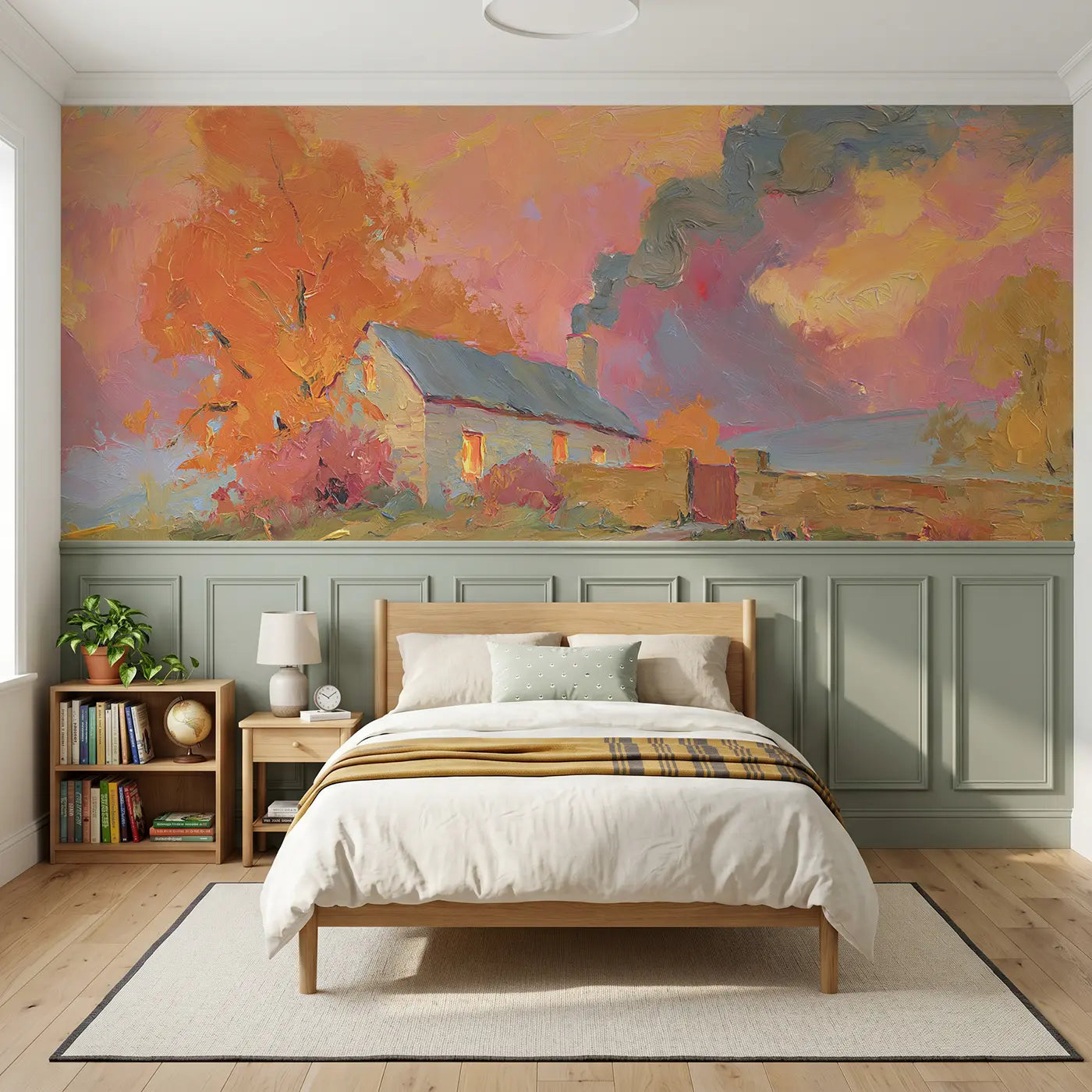 Painted Landscape autumn cottage chimney smoke wainscoting wallpaper for bedroom by Whimsy Tots